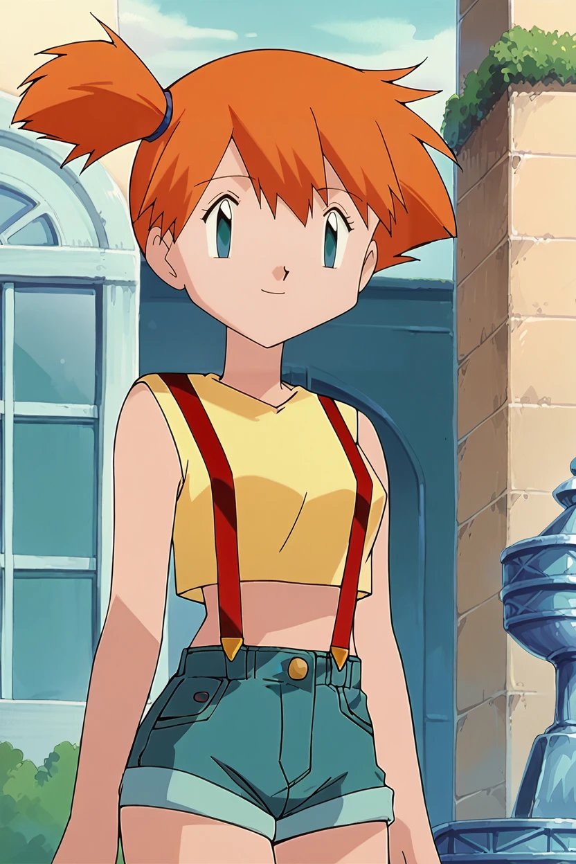 score_9,score_8_up, score_7_up, BREAK ict style,1girl, solo,misty \(pokemon\), orange hair, short hair, side ponytail, blue eyes, suspenders, yellow crop top, sleeveless, denim shorts, cowboy shot,european architecture, fountain, stone floor, smile, window,building <lora:PokeMoviesPony:1>