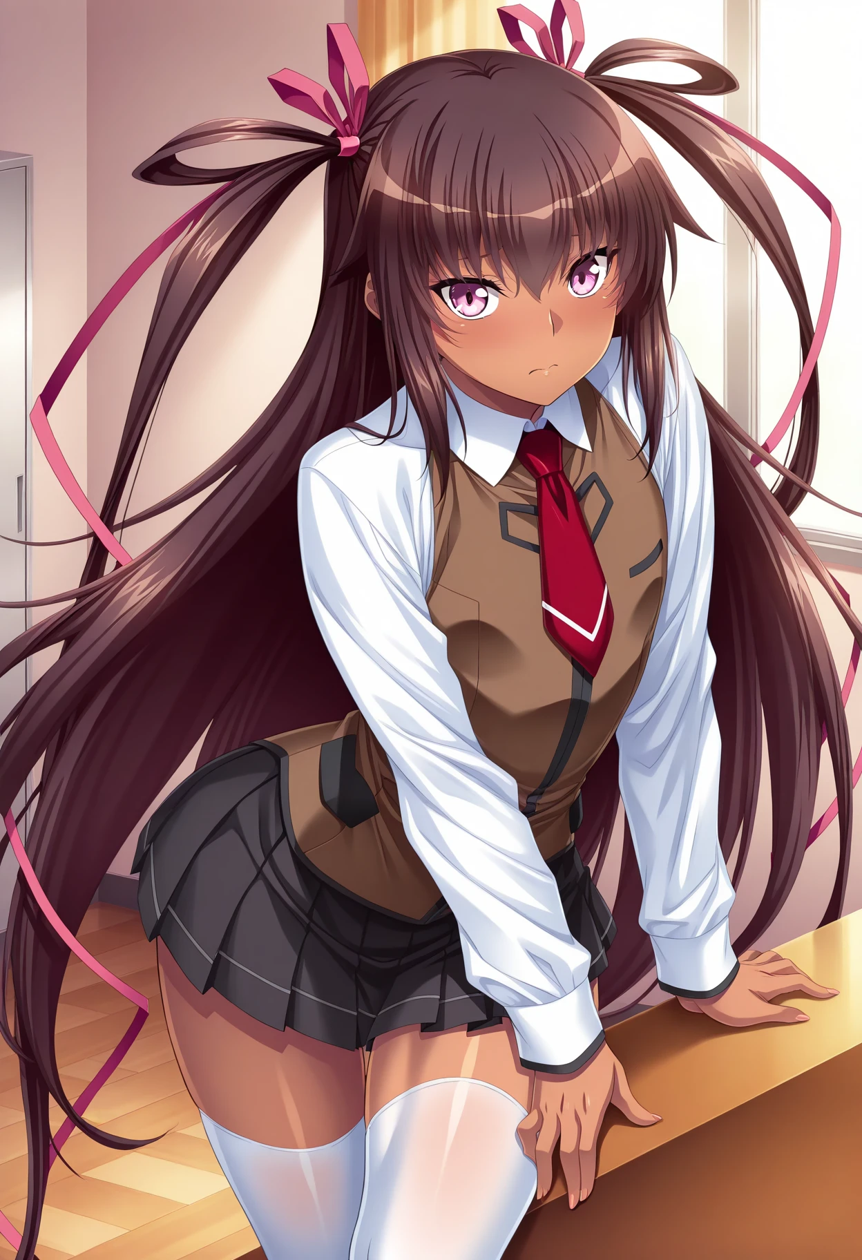 masterpiece, absurdres, highres, 1girl, c-mizuki, purple eyes, very long hair, brown hair, two side up, hair ribbon, one-piece tan, white collared shirt, red necktie, long sleeves, brown vest, black pleated skirt, white thighhighs, indoors, looking at viewer,