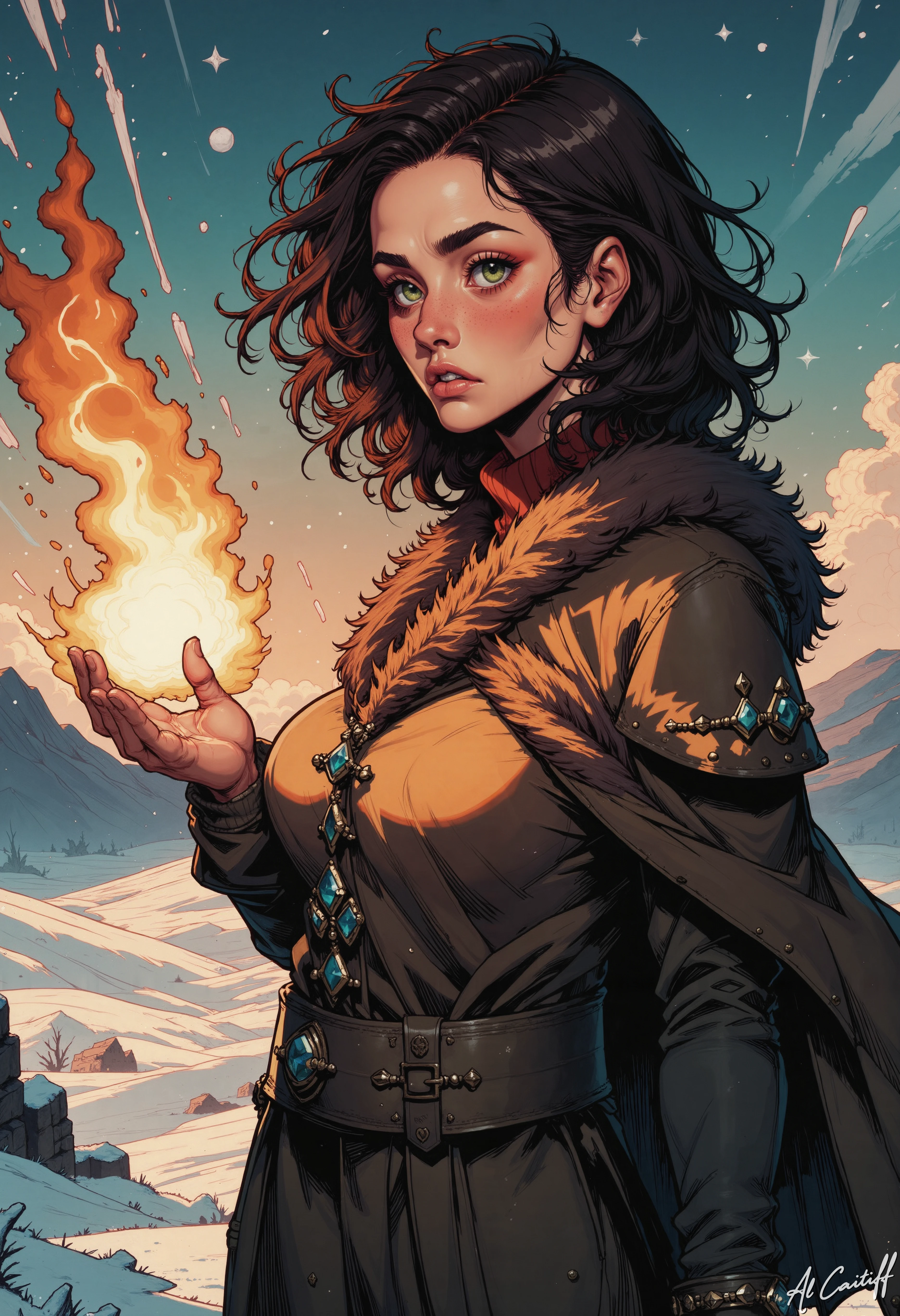 MysticComic, in this breathtaking, cinematic image, a striking young woman, her long, curly brown hair wild and unkempt, stands amidst a snowy battlefield, her piercing green eyes ablaze with intensity. She wears a luxurious, brown fur cloak, intricately adorned with silver brooches, cinched at the waist with a sturdy leather belt. Her gaze is fixed intently on a glowing, fiery orb, which she cradles in her outstretched hand. As she raises her palm, the orb erupts into a blaze of fiery sparks, casting a warm, golden light across the frozen landscape. Snowflakes dance around her, their delicate forms illuminated by the fiery glow. The woman's face is set in a determined expression, her full lips pressed into a firm line. The camera angle is a close-up, capturing the woman's face and the fiery orb in intimate detail. The lighting is soft and golden, with the fiery sparks casting a warm, orange glow across the scene. The style is reminiscent of a fantasy film, with a sense of epic scope and adventure. The woman's attire and the fiery orb suggest a world of magic and wonder, where the boundaries between reality and myth blur.<lora:CustomFlux/MysticComic-v3.safetensors:1.0:1.0>