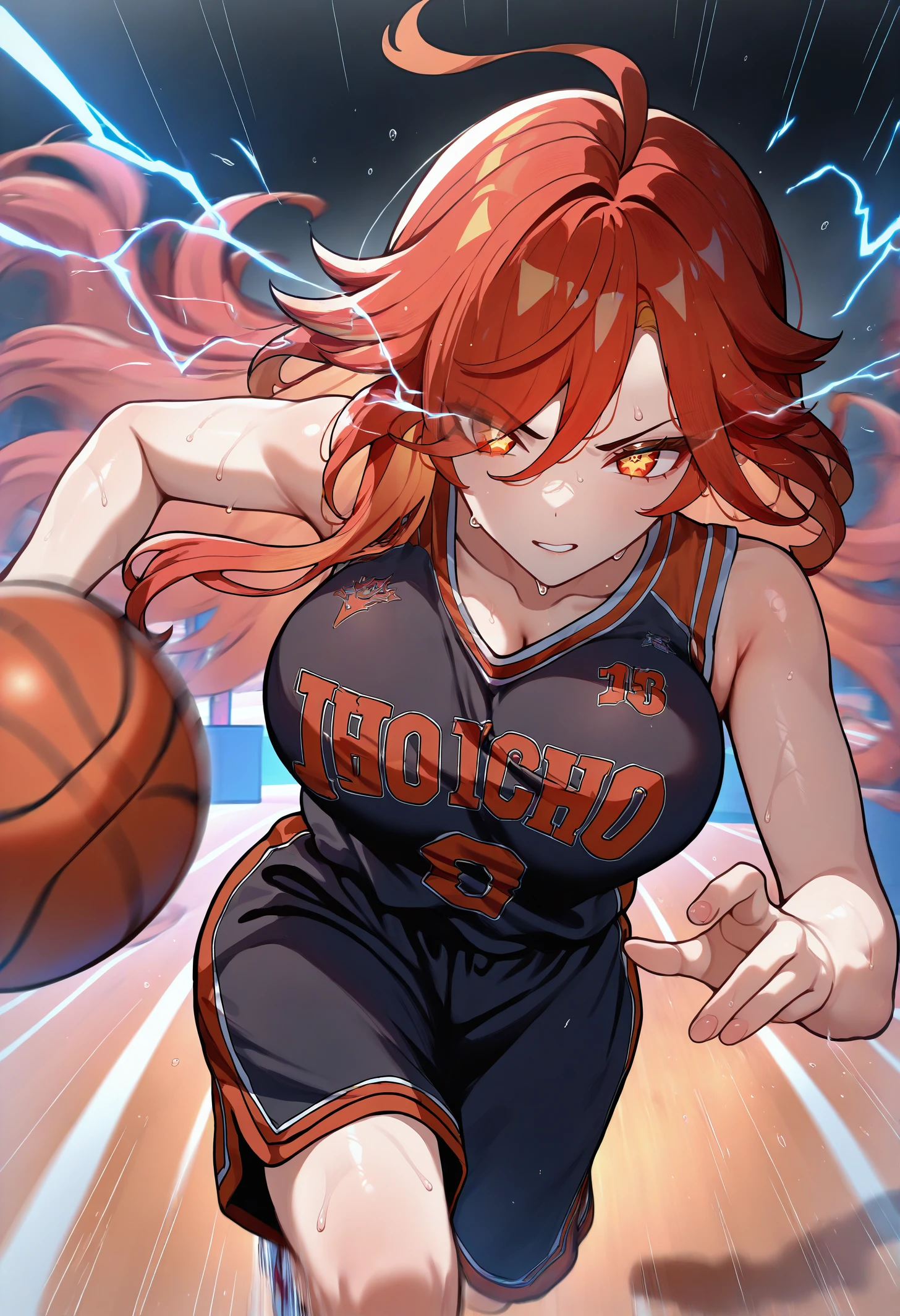 masterpiece, best quality, newest, absurdres, highres, 1girl, mavkRnd, symbol-shaped pupils, red eyes, large breasts, red hair, long hair, ahoge, <lora:Mavuika_illusXLNoobAI_Incrs_v2-000009:1>, basketball uniform, black uniform, motion lines, motion blur, basketball, holding basketball, electricity, eye trail, running, foreshortening,