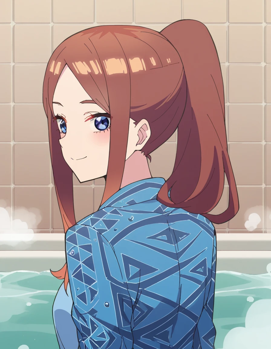 score_9, score_8_up, score_7_up, source_anime, <lora:miku-nakano-honeymoon-ponyxl-lora-nochekaiser:1>, miku nakano, long hair, bangs, blue eyes, brown hair, ponytail, parted bangs, hair over shoulder,, shirt, jacket, open clothes, blue shirt, blue jacket, print jacket, bathtub, water, bubbles, steam, towel, , from behind, looking back, smile, looking at viewer, solo,, cowboy shot