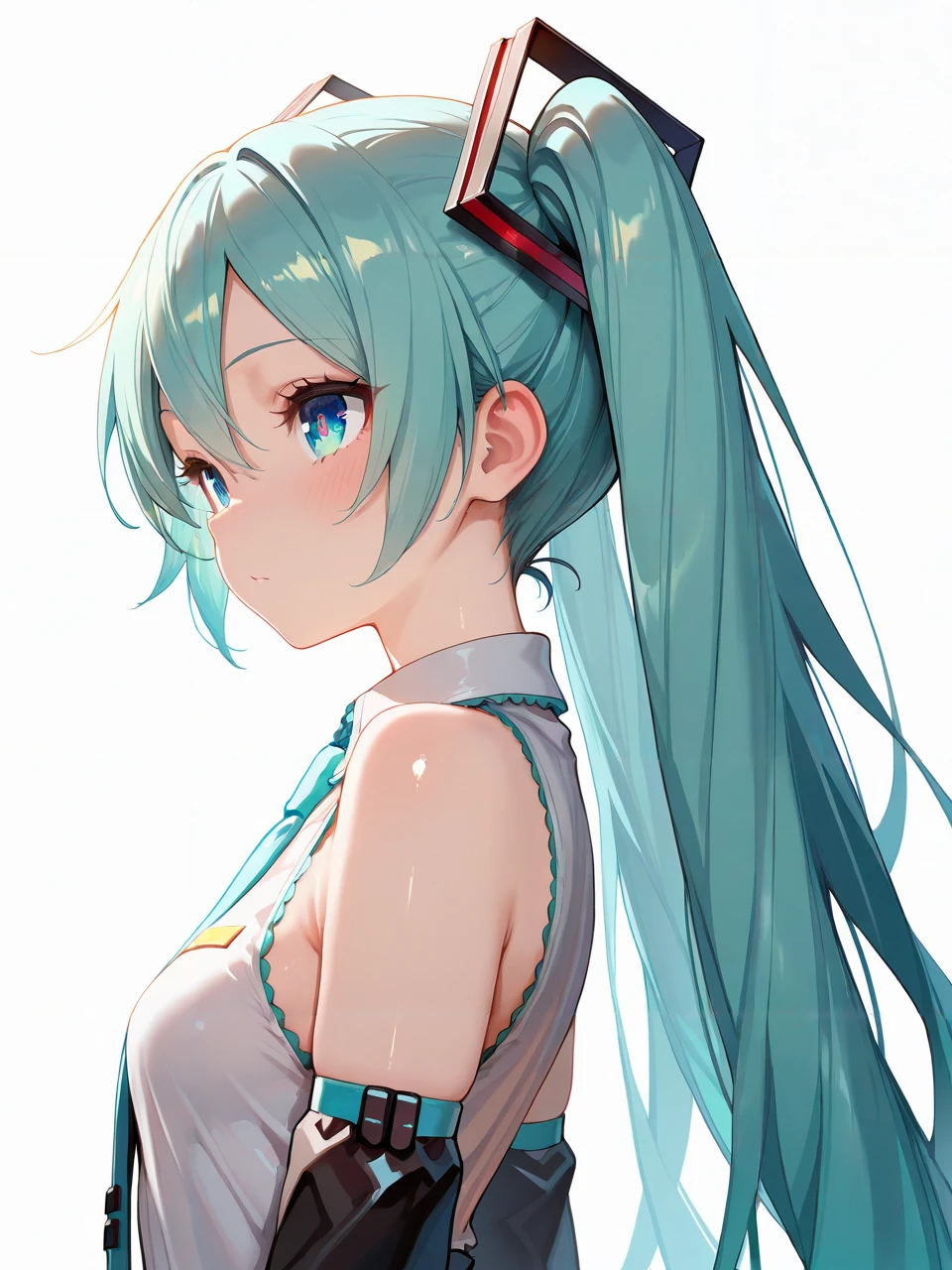 masterpiece,amazing quality,best quality,ultra-detailed,8K,illustration,CG,shiny hair,clear skin,ultra-detailed-eyes,simple background,cute girl, eyelashes <lora:long twintail_illustrious_V1.0:1> twintails, very long hair,hatsune miku,thighighs,necktie,skirt,sleeveless