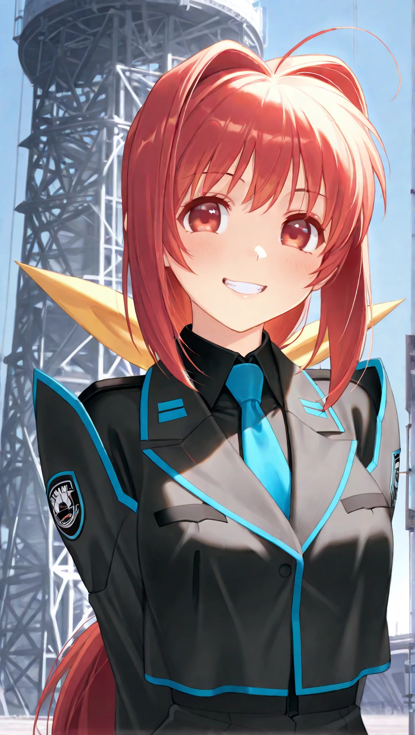 perfect quality, best quality, absolutely eye-catching, masterpiece, absurd res, ambient occlusion, raytracing, 1girl, solo, Sumika, cute, happy, teeth, grin, teasing smile, breasts, outside military base, military, industrial, formal military uniform, black uniform, blue accent, blue neck tie