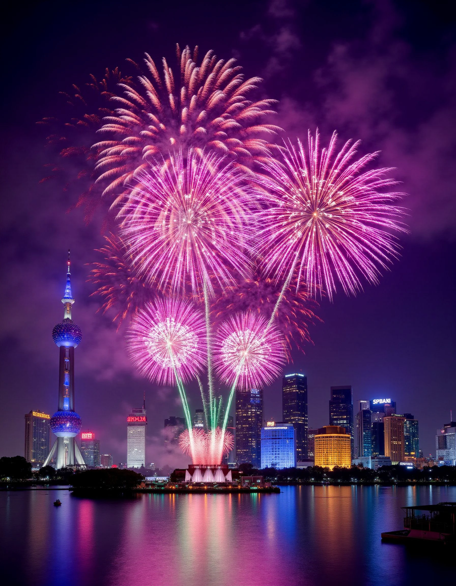 fireworks display in shanghai, epic, many colors  <lora:fireworks:1>