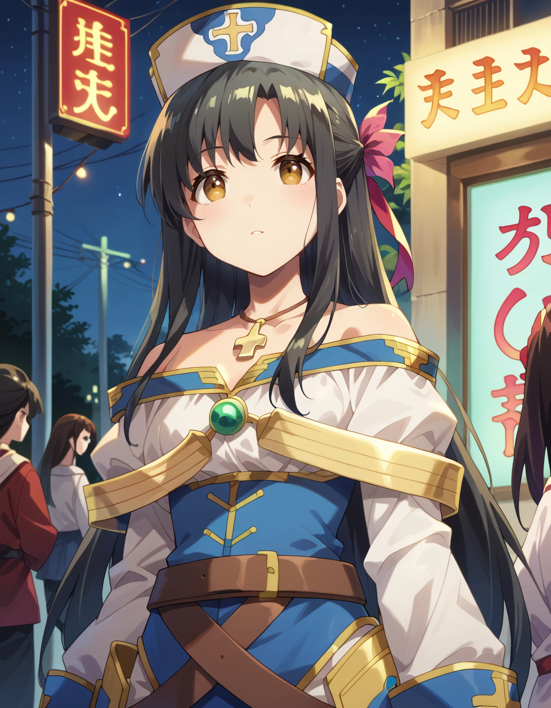 score_9, score_8_up, score_7_up,source_anime, <lora:Arifureta_Shokugyou_de_Sekai_Saikyou_-_ kaori_shirasaki:1> score_9, score_8_up, score_7_up,source_anime, rating:safe, kaori_shirasaki, long_hair, black_hair, hat, brown_eyes, yellow_eyes, jewelry, necklace, long_sleeves, off_shoulder, robe, cross neon_palette, neon_lights, colorful, neon_trim, (izumi_tsubasu:1.1), 1girl, border, faceless, flower, leaf, mini_person, night, rainbow, red_flower, red_tulip, standing, star_\(sky\), tulip, masterpiece, detailed, best_quality