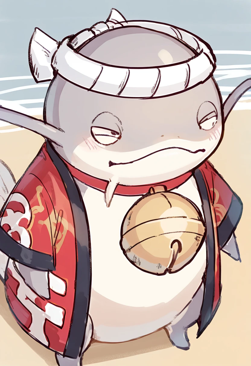 artist:, outdoors,beach,1other,namazu,collar,bell,hachimaki,happi,squinting<lora:namazuIL4:1> masterpiece, best quality, good quality, newest, very awa, absurdres, highres, <lora:spo_sdxl_10ep_4k-data_lora_webui:0.7>,
