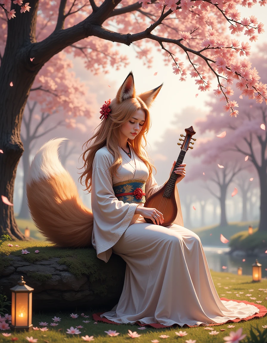 A kitsune musician playing a biwa beneath a blooming sakura tree, her nine tails gently waving to the rhythm, wearing an elegant spring-themed kimono, surrounded by petals falling in the breeze and glowing lanterns, peaceful and harmonious atmosphere, Fantasy Art, highly detailed, warm ambient lighting, cinematic composition, medium shot, front view, UHD, sharp focus. a kitsune woman, <lora:Kitsune_v51-000130:1>