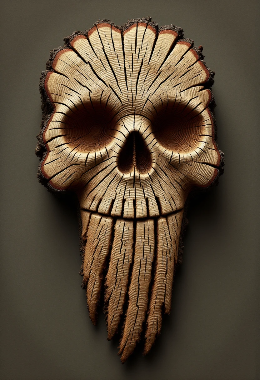 <lora:Tree_Ring_Trunkator_FLUX:0.9>
The image is a photograph showcasing a detailed wooden carving of a skull, crafted from a tree trunk.