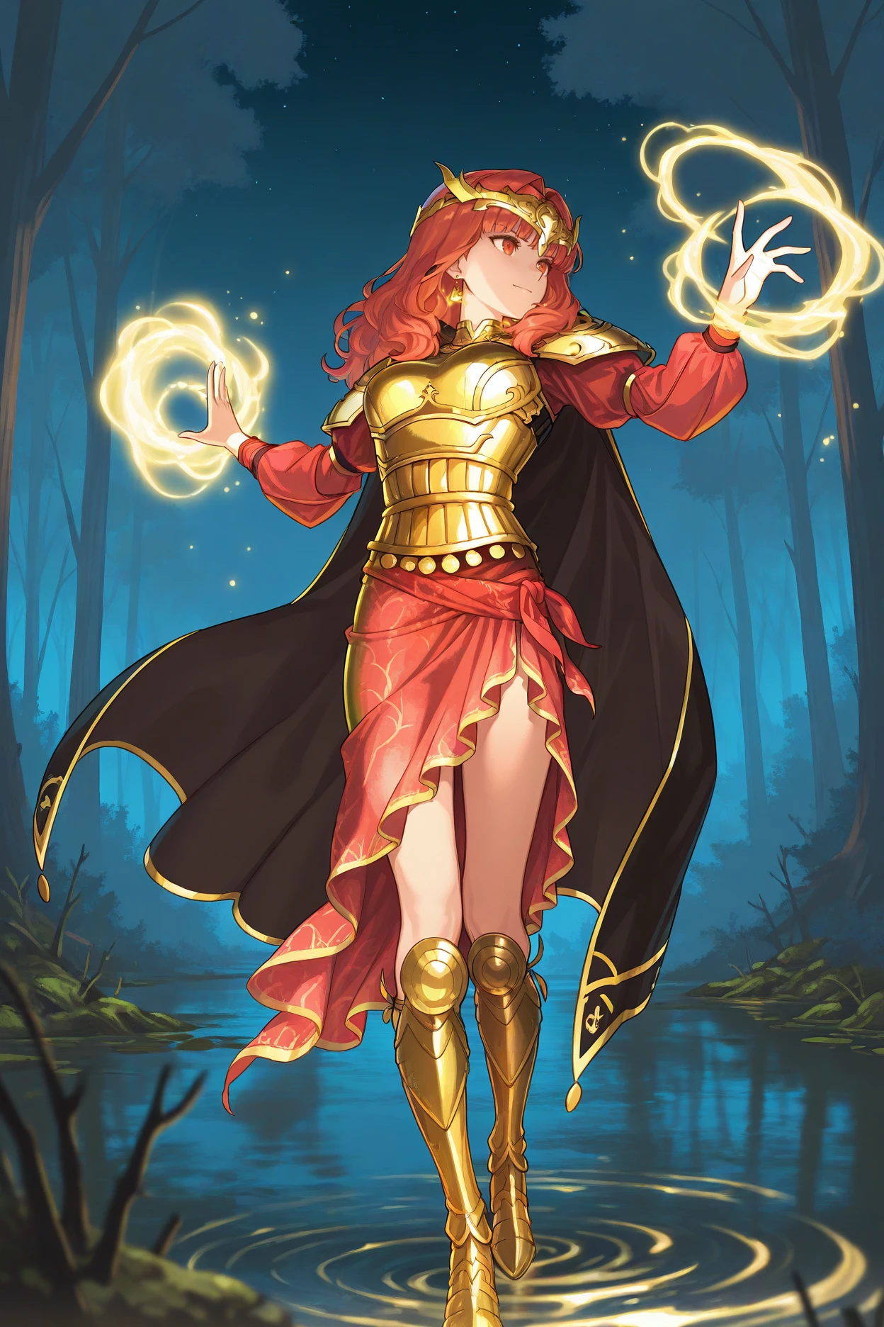 masterpiece, best quality, 1girl, solo, <lora:fecelica-illu-nvwls-v1:1> lgCeli, red hair, red eyes, circlet, gold earrings, black cape, gold trim, gold armor, red sleeves, red sarong, gold boots, full body, hand up, casting magic, yellow magic, smile, serious, swamp, night sky, forest