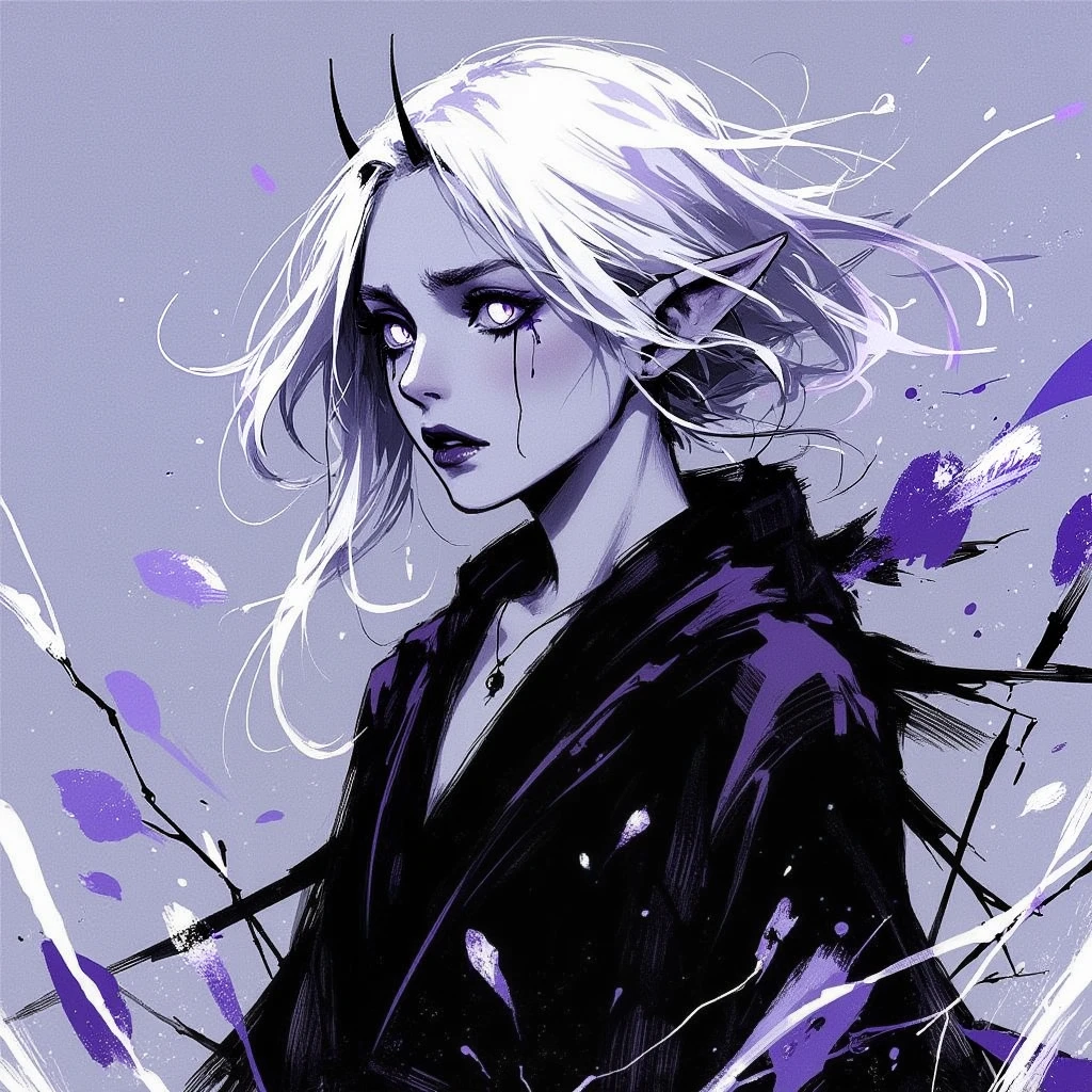 Special Ink-drawing mode, soft lighting with dynamic highlights, Dark Gothic Anime Style, high detail, fine ink lines, dynamic shading, hand-drawn textures, monochrome with subtle color accents, eerie aesthetic, fantasy character, Rating SFW A pale elf girl with long, flowing white hair, wearing dark, tattered robes. Her large, glowing eyes are framed by delicate ink lines, with tears of blood streaming down her cheeks. Small, sharp horns curl from the sides of her head, and her pointed ears add to her ethereal and otherworldly presence. The background is filled with intricate, crosshatched patterns and abstract, muted colors blending into purples and blues, creating a haunting yet mesmerizing atmosphere. Perfect balance of detail and surrealism.