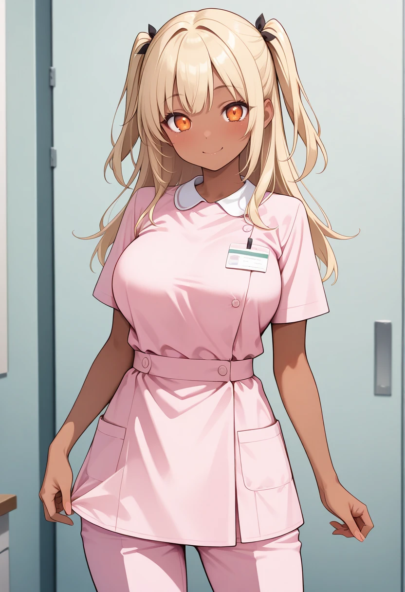 masterpiece,best quality,amazing quality, very aesthetic, ((outlined outlined vector graphics)), cute face, (glow eyes:0.8), front view , looking at viewer , looking at viewer, cowboy shot,
1girl,20yo,
18yo, large breast, orange eyes, (blonde hair:1.3),long hair, (two side up:1.1), (dark skin:1.6), dark skin girl, (tall:1.2), (abs:0.7),bangs
,
pink clothes, (focus female), smile, solo, nurse, nurse-modern-uniform, shirt, pants, smile , bare head <lora:nurse-modern-il-01:1>