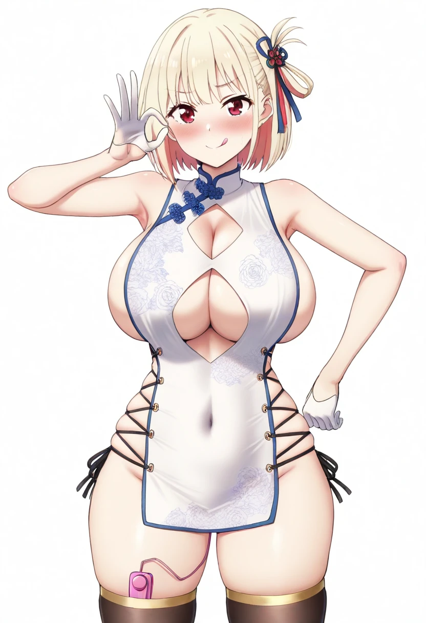 1 girl,solo,nsfw,masterpiece,best quality,white complexion,blushing,uncensored,
<lora:chisato-nishikigi-s1-illustrious-lora-nochekaiser:0.85>,
chisato nishikigi, short hair, bangs, blonde hair, red eyes, hair ribbon, one side up, bob cut,
:q, licking_lips,closed_mouth,
<lora:gir_chin_oeka_izuk24:0.8>,
white dress,china dress,chinese clothes,
white gloves,half gloves,
floral print,black thighhighs,
clothing cutout,sideless outfit,cleavage cutout,sleeveless,
skindentation,underboob cutout,cleavage,sideboob,
bare shoulders,underboob,covered navel,
no panties,
((huge_breasts)),(two breast),no pubic hair,
standing,fellatio gesture,vibrator under clothes,
looking at viewer,white background,