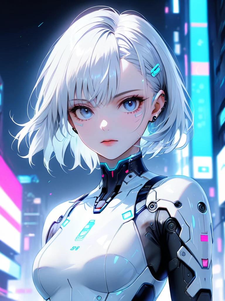 (masterpiece,best quality:1.3),ultra realistic,32k,RAW photo,(high detailed skin:1.2), 8k uhd, soft lighting, high quality, film grain,
masterpiece, best quality, science_fiction, in the cyberpunk city, 1girl, solo, looking at viewer, blue eyes, expressionless, cyborg, medium breasts, medium hair, silver hair, skin tight, translucent skin