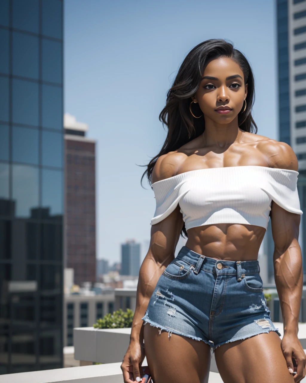 ((highest quality)), ((masterpiece)), (be familiar with), (LUKE CAGE)perfect face、female luke cage、folded arms pose、black woman、angry expression、sharp look、trained body、big breasts、big ass、plain yellow tank top、Navel exposed、Highly revealing distressed jeans、berry shorts、silver watch、NYC Harlem street in the background