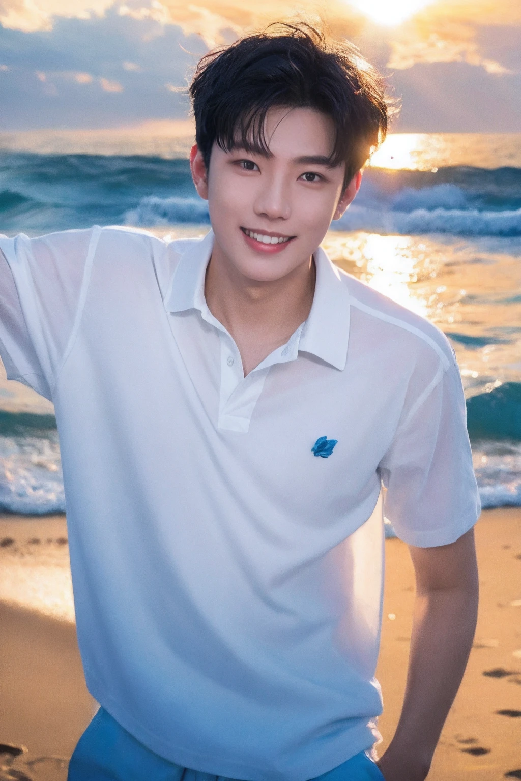(As a matter of fact, Masterpiece, 8k HD, good light quality, sportswear, fit the face, complicated details), Handsome Korean young man, 20 years old, be happy, smile brightly, detailed face, delicate eyes, มองดูsky, Wear casual clothes, period, black eyes, Black hair color, ผมsmooth, smooth, outdoor sports, By the sea, Sunny,sky,Surreal,Awesome details,Highest quality,real,