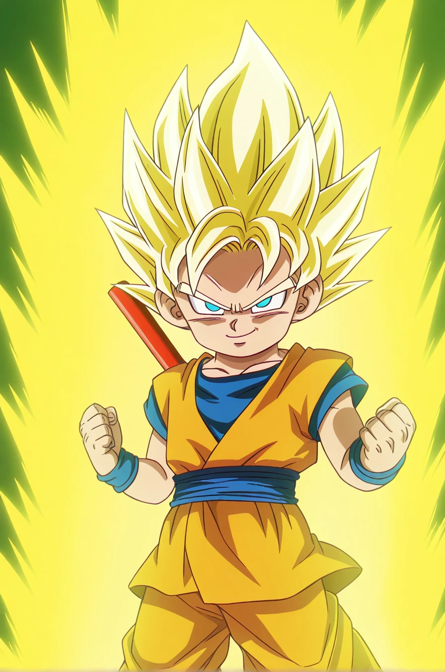 anime coloring, (masterpiece, best quality, very aesthetic, absurdres), <lora:Goku:0.8>, 1boy, solo, goku, child, spiked hair, yellow hair, green eyes, super saiyan, yellow aura, orange tunic, blue wristband, orange pants, serious, standing, looking at viewer, fighting stance, smile, flying, simple background, bo staff