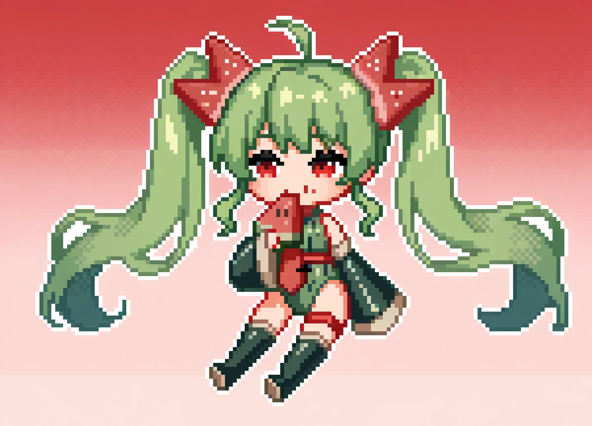 worst quality, low quality, normal quality, text, signature, jpeg artifacts, bad anatomy, old, early, copyright name, watermark, artist name, signature, shadow,  <lora:miku_watermelon:1.0> <lora:midnight_girls_r_-_pixel_art_style:1.0>