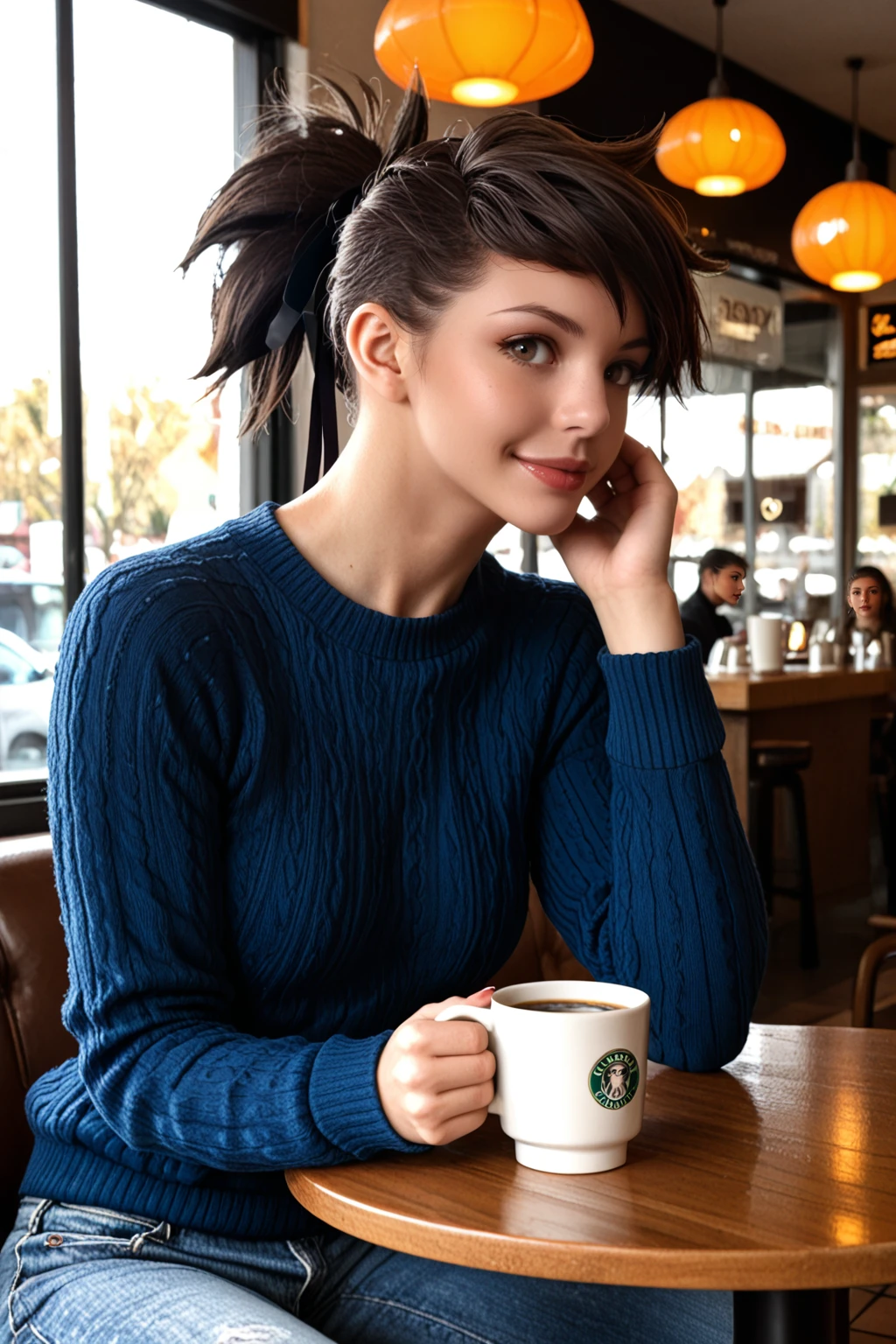 score_9, score_8_up, score_7_up, masterpiece, high quality, extreme detail, absurdres, (detailed skin texture) BREAK
<lora:Cho-AhPonyLora:1>choah, short hair, ponytail, hair ribbon, realistic, pullover, jeans, sitting in a cafe, holding a mug of coffe, steam happy