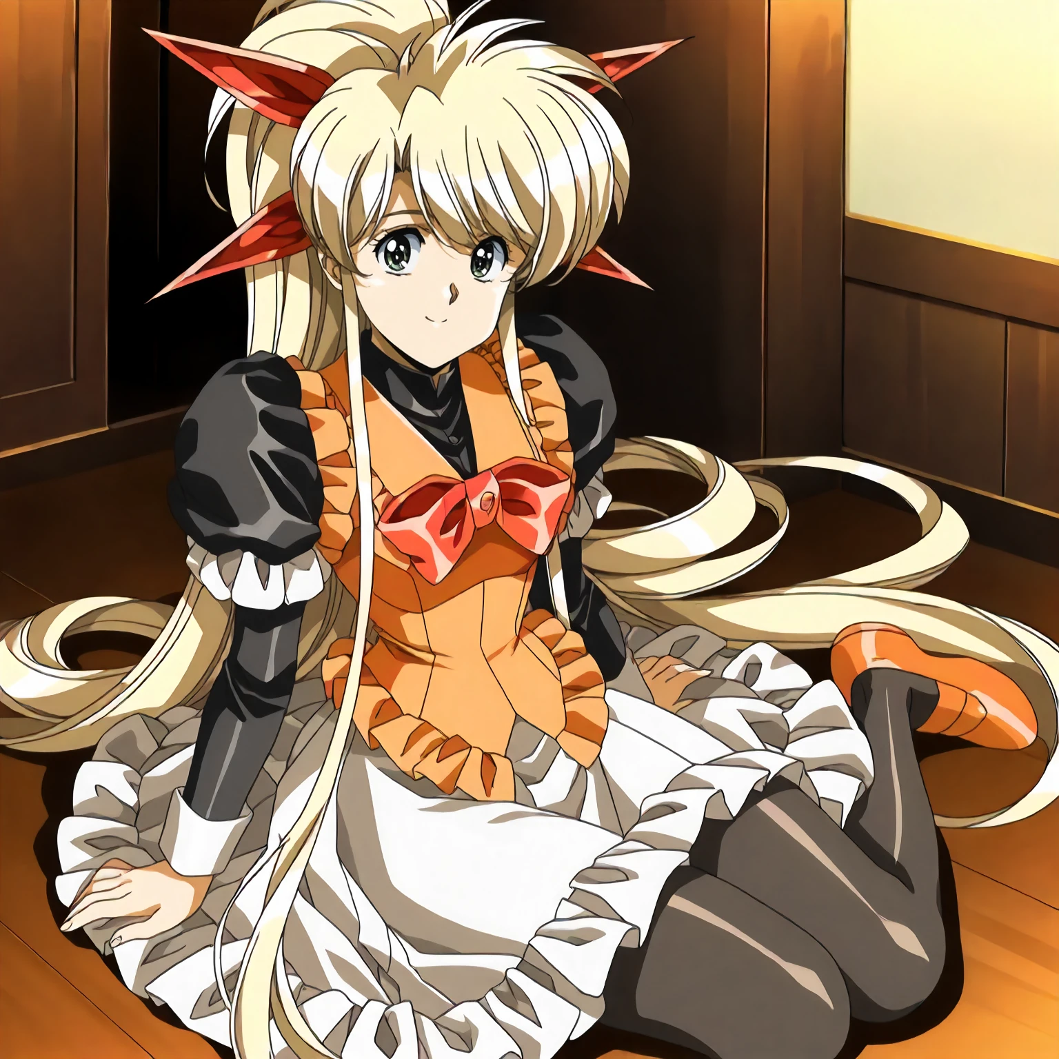 <lora:FI_fayeXLIllustrious002>,
masterpiece,best quality,good quality,newest,
detailed background,
smile,
looking at viewer,
solo,
anime coloring,retro artstyle,
faye\(front_innocent\),1girl,blonde hair,high ponytail,red hairbow,very long sidelocks,green eyes,
frilled_dress,orange vest,bowtie,frilled vest,puffy_sleeves,black sleeves,long sleeves,white cuffs,
white skirt,frill trim skirt,
black_pantyhose,
orange shoes,