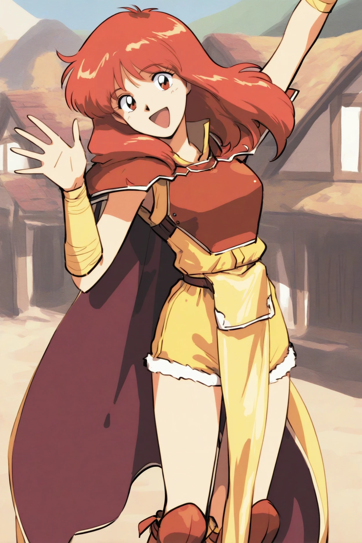 masterpiece, best quality, 1girl, solo, <lora:fecelica-illu-nvwls-v1:1> brCeli, red hair, red eyes, cape, red armor, yellow dress, pelvic curtain, yellow shorts, red boots, 1990s \(style\), village, looking at viewer, happy, upper body, waving
