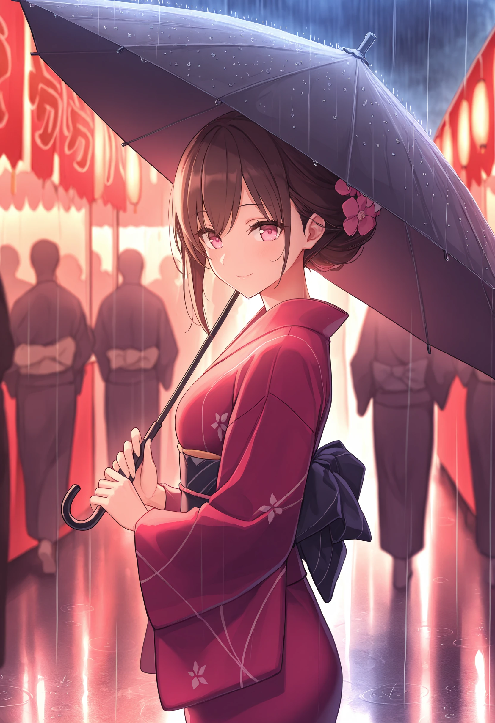 masterpiece, best quality, highly detailed, festival, stall, food stall, rain,heavy-rain, night, dark, heavy rain, blurry background, 1girl, walking,kimono, holding umbrella, umbrella, brown hair, pink eyes, smile, light smile, close up, looking at viewer, from side, wet ground, crowd
<lora:Rain (Illustrious) v1:1>