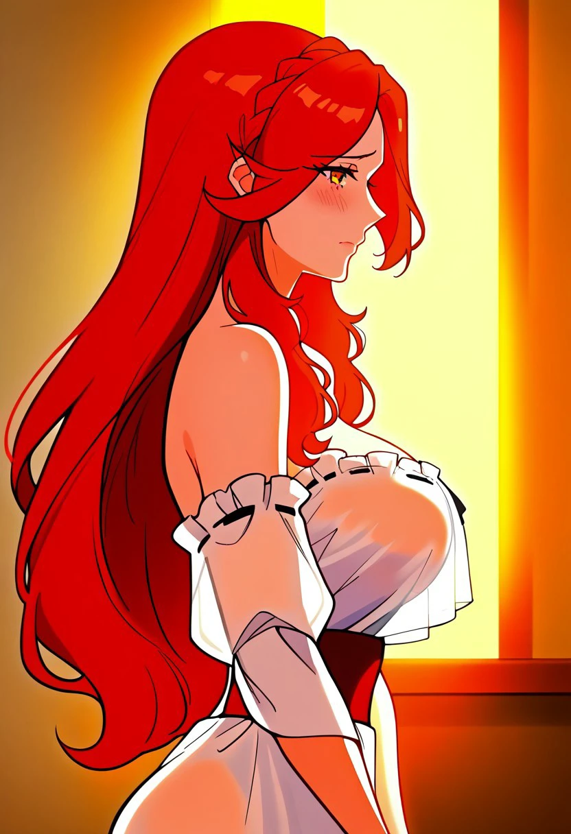 score_7_up, score_8, Expressiveh, ultra detailed, solo, cute, above average breasts, Lucrezia_UM, red hair, amber eyes, shy, blushing, embarrassed, freebos_smoothiestyle, indoors, long hair,, see-through_silhouette, white_shirt, bedroom, morning, sunlight, vivid colors, side view