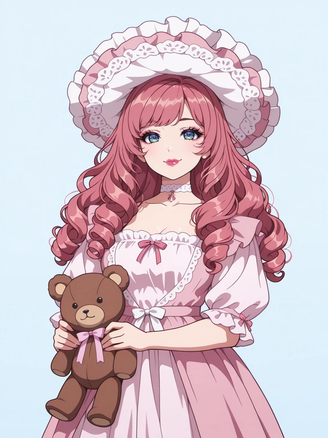 Masterpiece,best quality,1girl,solo,vector art,looking at viewer,smile,puffy lips,lipstick,makeup,eyelashes,double eyelids,choker,ribbon,
edgBisqueDoll, a doll with a pink dress and a hat ,wearing edgBisqueDoll_clothing,edgBisqueDoll_hair,edgBisqueDoll_face,edgBisqueDoll_body, cowboy shot,holding teddy bear,
 <lora:edgBisqueDollILS:1>