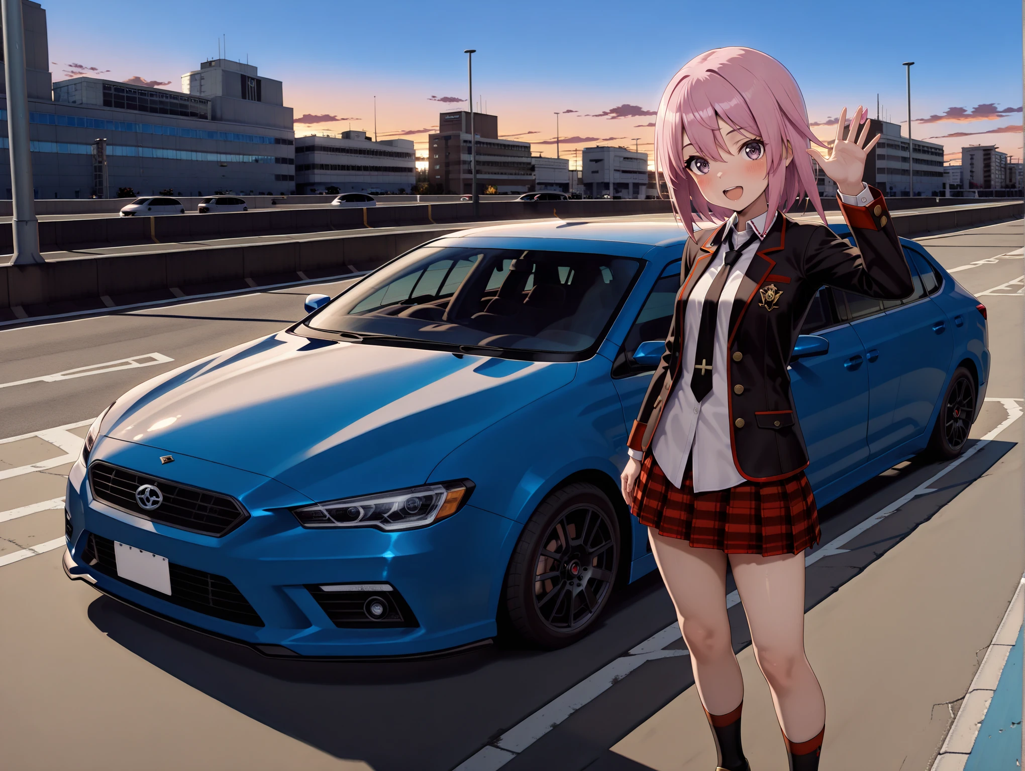 masterpiece,best quality,amazing quality,solo,1girl,
<lora:yotsuyu_ilxl_v1.1:1>,yotsuyu,pink hair,ashihara_h,black jacket,open jacket,black necktie,untucked_shirt,plaid skirt,black socks,brown loafer,
<lora:Fixhands_anime_bdsqlsz_V1:1>,
<lora:H_S_area_ilxl_v1:1>,Service_area00,
dusk,skyscrapers,road,building,street,lamppost,city,light_blush,pov,front view,looking_at_viewer,:d,waving,car,motor vehicle,ground vehicle,vehicle focus,