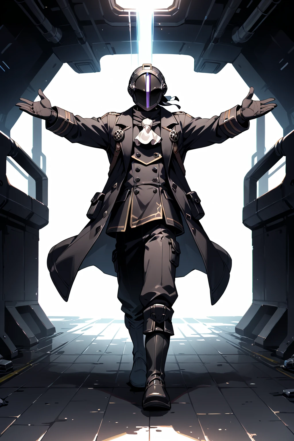 digital media \(artwork\), hi-res, score_9, score_8_up, score_7_up, score_6_up, score_5_up, score_4_up, BREAK,  <lora:bestdad:0.7> Bondrewd, male, solo, black coat, overcoat, ascot, black gloves, helmet, masked, long sleeves, black boots, black pants, outstretched arms, hi-tech, underground,