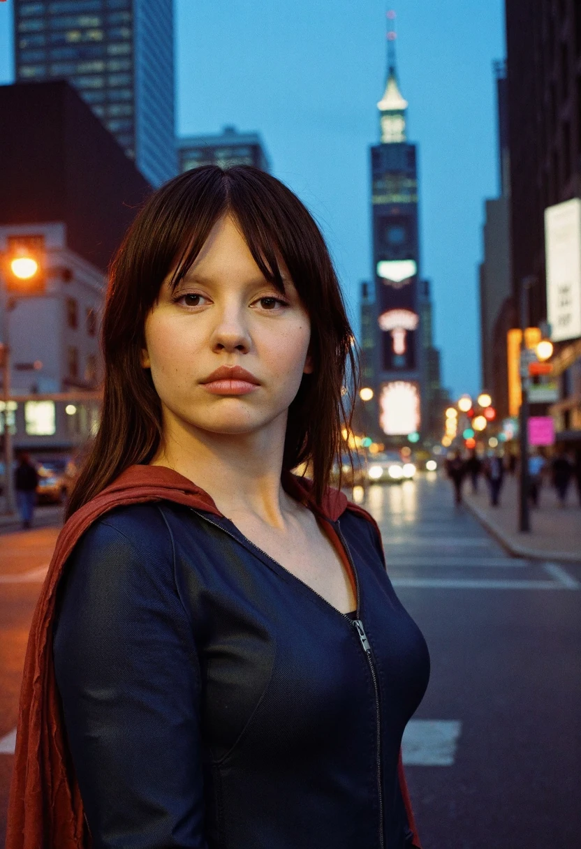 {   "T5": "A high-quality photo of Mia Goth, taken with a Nikon D850 camera, using Kodak Portra 400 film, and an aperture of f/2.8. The photo is cropped to her head and shoulders, with Mia posing in a confident and powerful stance, dressed in a superhero costume. The overall mood is bold and heroic. The background is a dark and gritty cityscape at dusk, with skyscrapers and neon lights reflecting off the wet pavement.",   "CLIP": "Mia Goth, superhero, portrait, head and shoulders, crop, confident, powerful, bold, heroic, dark cityscape, gritty, dusk, neon lights, wet pavement" }