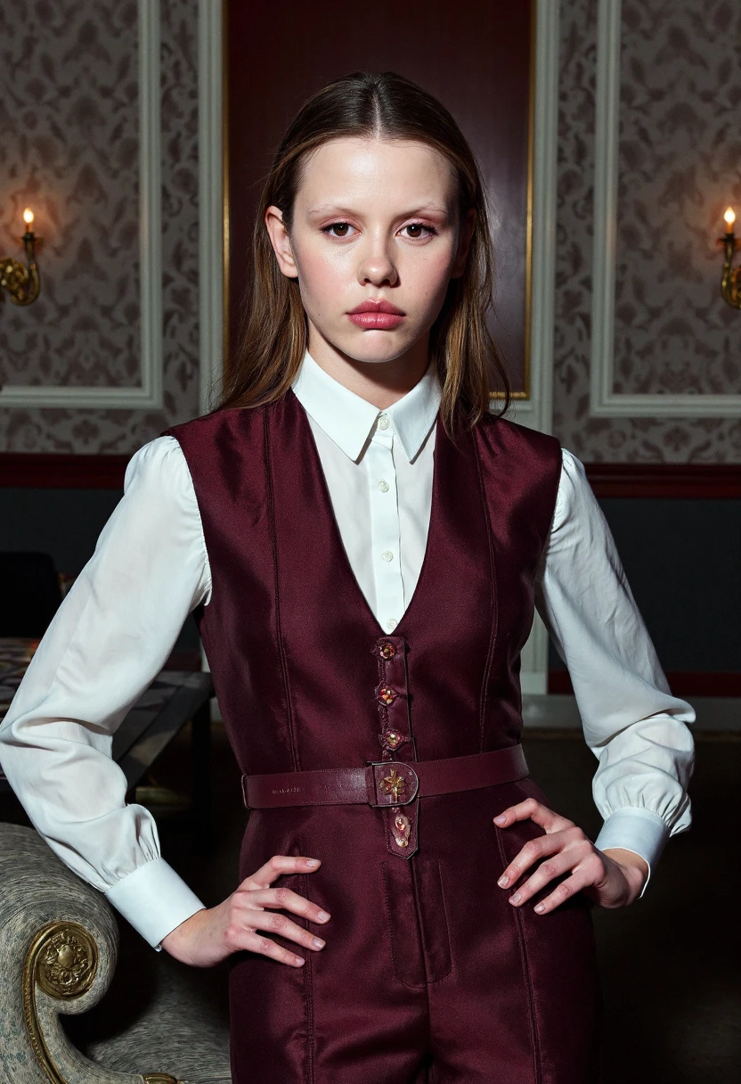 {     "T5": "The image is a high-quality photo taken with a Canon EOS 5D Mark IV camera, using a 50mm lens and an aperture of f/2.8. The main character, Mia Goth, is a woman wearing a stylish outfit, posing in a confident and elegant manner. The background is detailed and intricate, with a mix of modern and vintage elements, including ornate furniture, rich textures, and subtle patterns. The overall mood is one of sophistication and refinement.",     "CLIP": "Mia Goth, woman, elegant clothes, confident pose, detailed background, modern vintage mix, ornate furniture, rich textures, subtle patterns" }