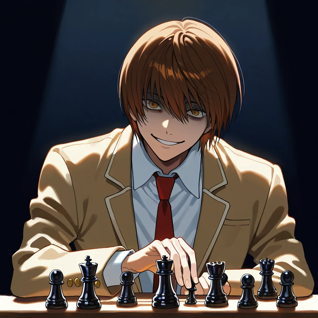 solo, short hair, bangs, shirt, long sleeves, 1boy, holding chess piece, dramatic lighting, smile, creepy, dark lighting,Light Yagami,brown hair,hair between eyes,school uniform,white shirt,jacket,red necktie