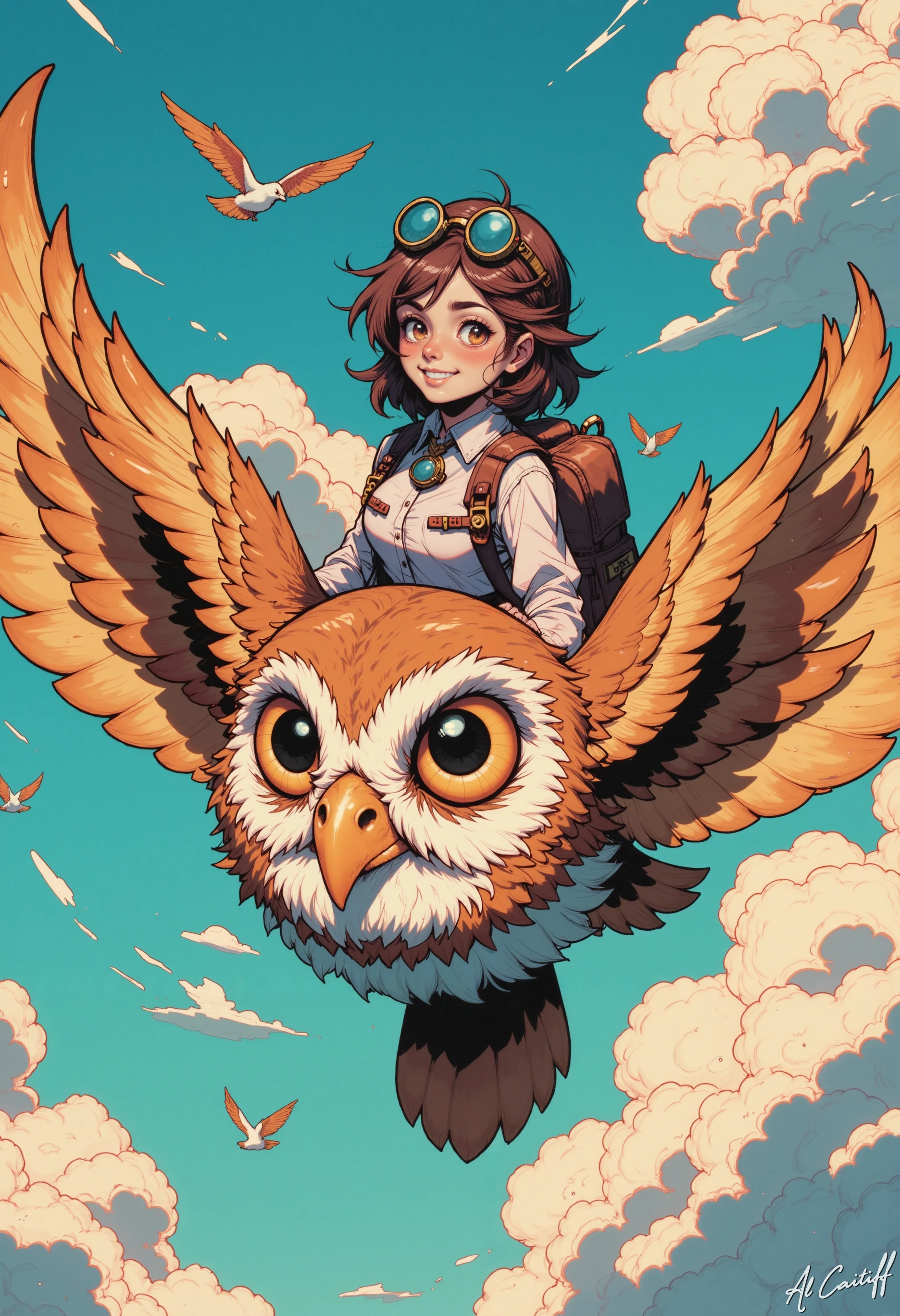 MysticComic, bird's eye dynamic shot up in the blue sky, A girl with steampunk goggles and a backpack, sits atop a mechanical owl, soaring through a cloudy sky. Steampunk aesthetic, impressionistic style. The girl has long brown hair, a cheerful smile, and wears a light-colored shirt; The owl is richly detailed with varying shades of brown, beige, and gold. Its large, round golden-yellow eyes stand out in the image. The mechanical owl has intricate steampunk-style components. The sky is filled with various shades of blue, pale yellow, and white clouds. Numerous, stylized birds are interspersed throughout the scene. The overall impression is one of fantasy, adventure, and a sense of freedom and joyful flight. Soft colors with some subtle highlights. Focus on the girl and the owl as the main subjects. Detailed wings and feathers. Mechanical parts are detailed but not overwhelming.<lora:CustomFlux/MysticComic-v3.safetensors:1.0:1.0>