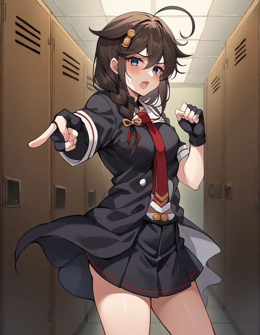 score_9, score_8_up, score_7_up, source_anime, <lora:kancolle-shigure-ingame-ponyxl-lora-nochekaiser:1>, shigure, shigure (kancolle), long hair, blue eyes, brown hair, black hair, hair ornament, braid, ahoge, single braid, hair over shoulder, hair flaps,, skirt, gloves, school uniform, pleated skirt, serafuku, fingerless gloves, necktie, red necktie, black skirt, black shirt, white sailor collar, short sleeves,, changing room, lockers, benches, clothes, privacy, , <lora:jotaro-kujo-pose-ponyxl-lora-nochekaiser:1>, jotaro kujo pose, kujo jotaro's pose (jojo), jojo pose, pointing, pointing at viewer, blush, open mouth, bed room,, cowboy shot, looking at viewer, solo,, cowboy shot