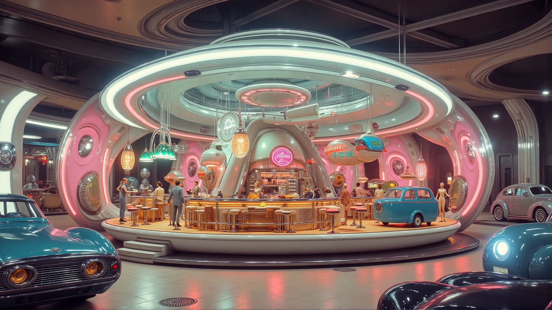 retro50s_style, A retrofuturistic floating diner with a transparent dome, serving classic American food, waitresses on jetpacks, flying cars parked around, pastel colors, neon lights, hyperrealistic, octane render, 8k, cinematic lighting, inspired by The Jetsons and 1950s diners, art by Syd Mead.
