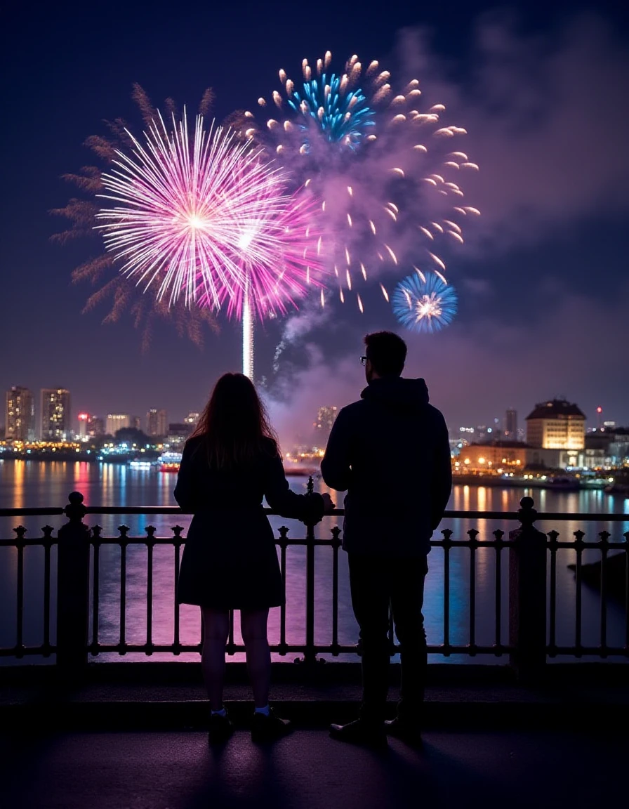 <lora:fireworks:0.7> woman and man standing on a bridge, view from behind, looking up at the sky, fireworks, night time, masterpiece, 8k, high resolution, shallow depth of field, sharp focus