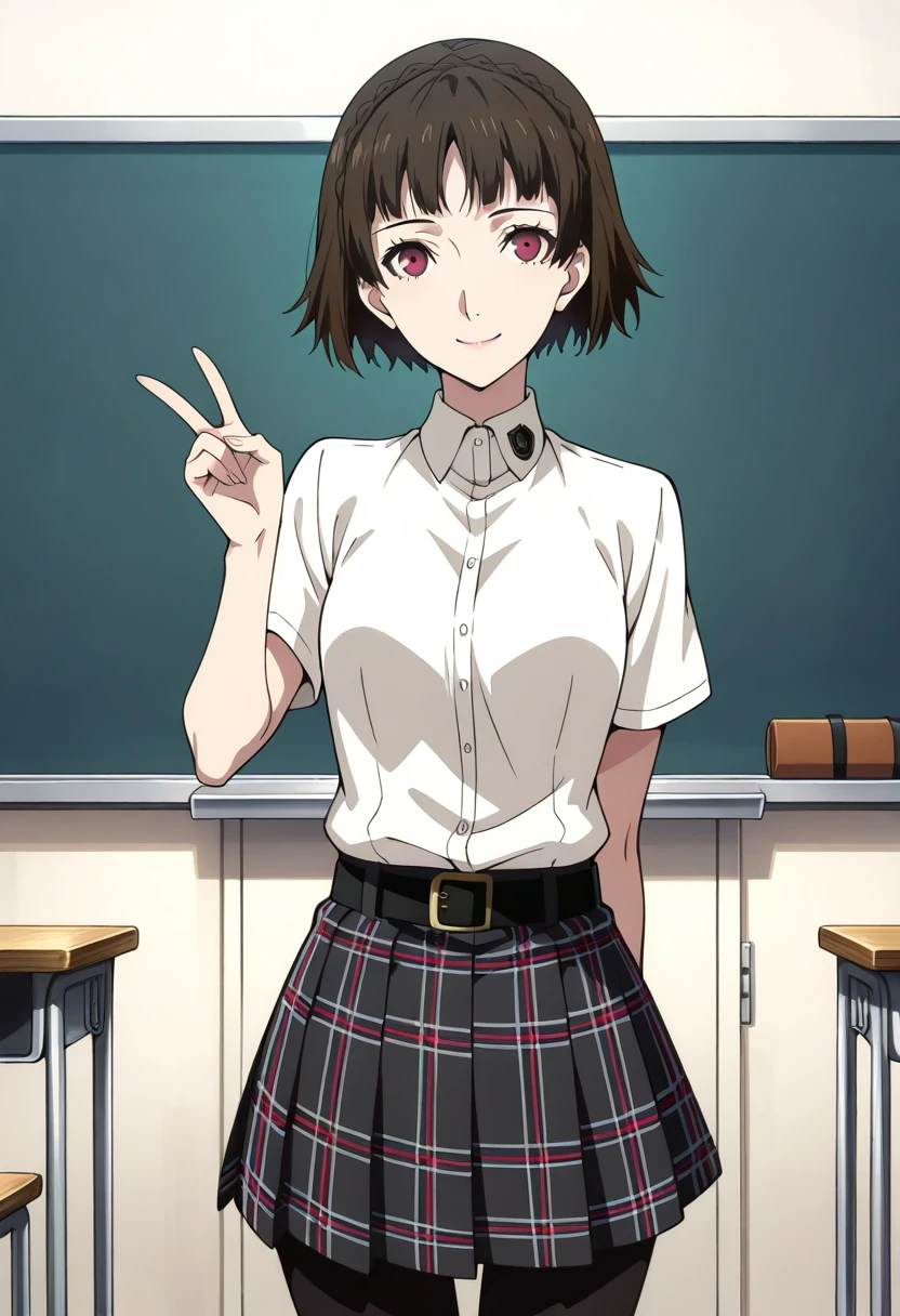 score_9, score_8_up, score_7_up, (source_anime), 1 girl, solo, nsfw, cute face,
p5makoto, p5makotosummer, niijima makoto, short hair, bangs, brown hair, pantyhose, pleated skirt, plaid skirt, crown braid, belt, short sleeves,
indoor, classroom, smiling, v,
masterpiece, best quality, ultra detailed, absurdres, very aesthetic