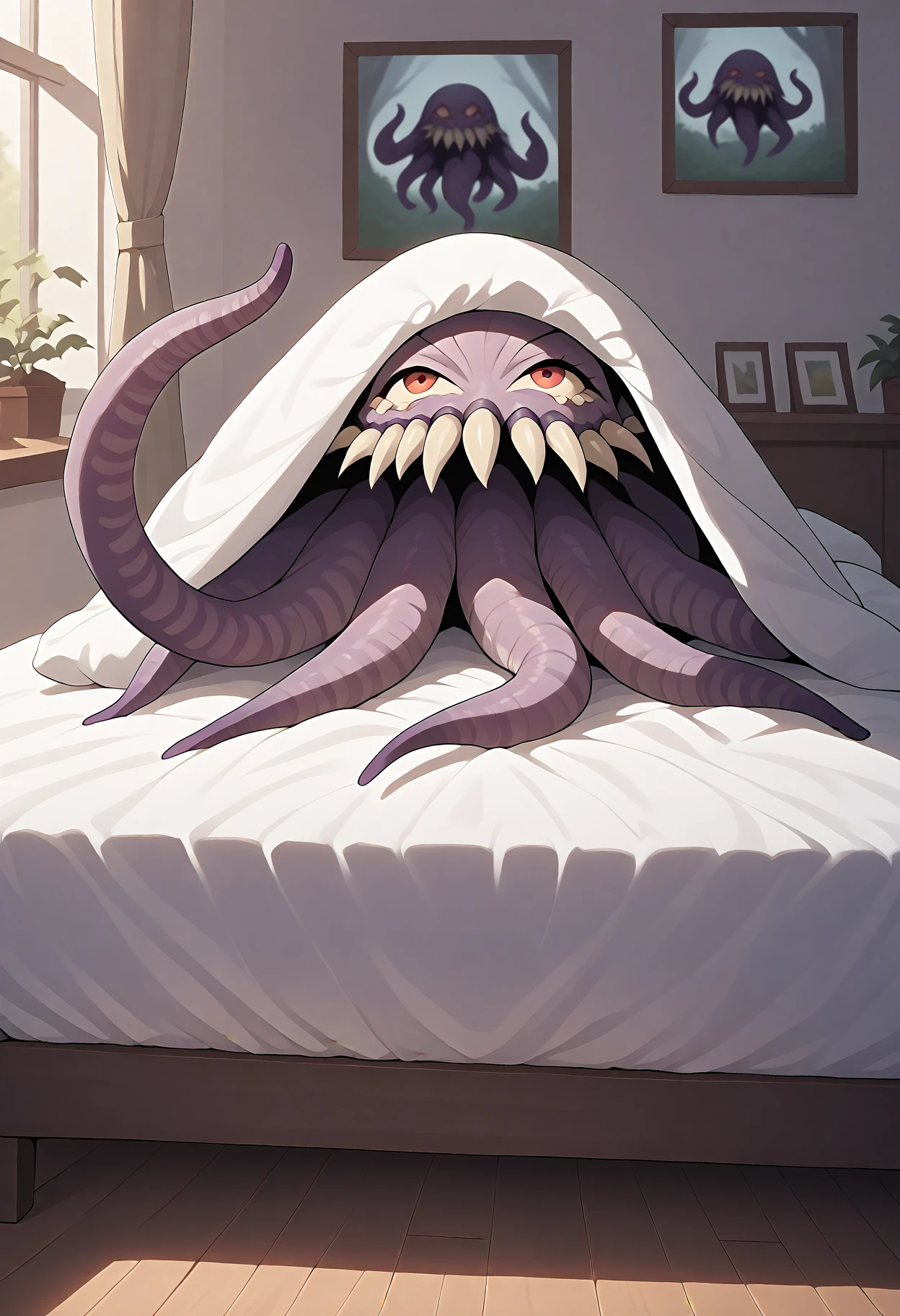 masterpiece, best quality, amazing quality, very aesthetic, absurdres, newest, ultros, monster, solo, no humans, bed, bedroom, under covers, blanket, sexy