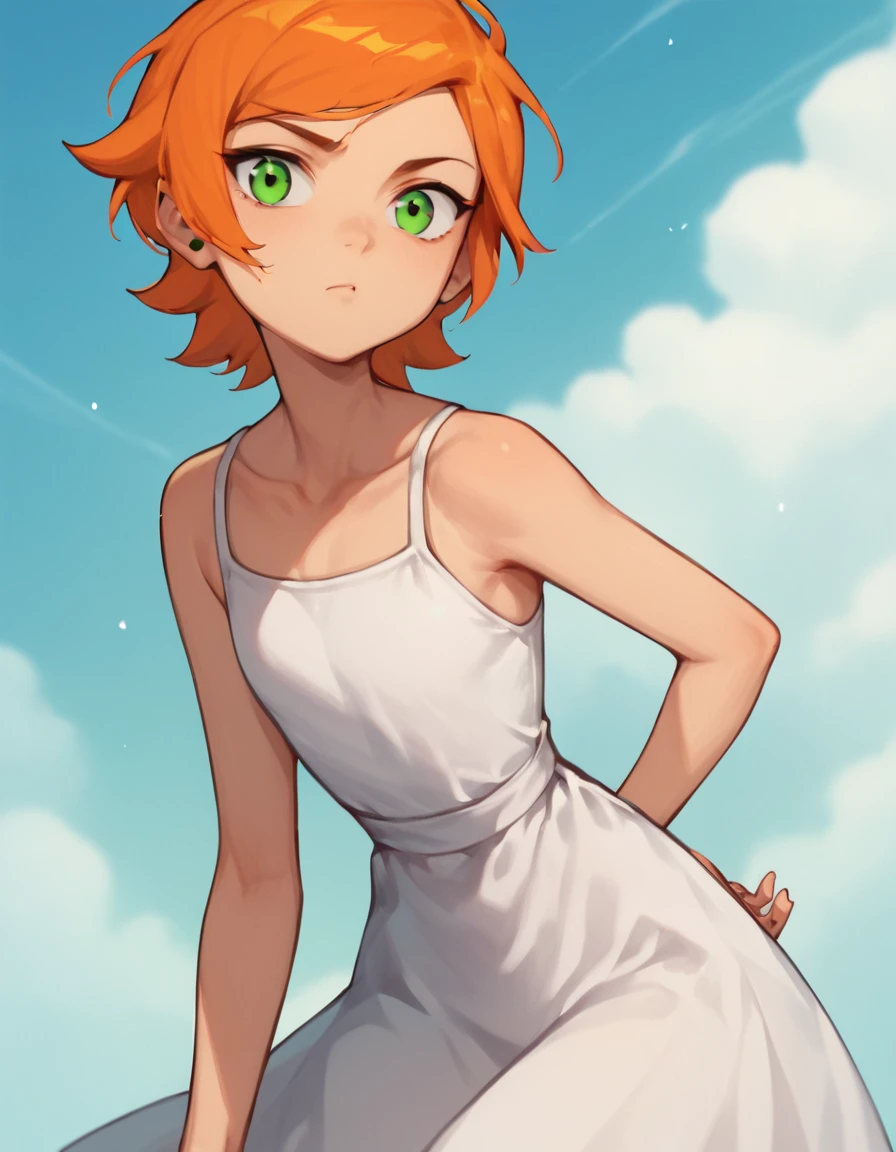 (Masterpiece), Best Quality , ultra-detailed, 1girl (Gwendolyn_Tennyson, breasts, naked body, orange hair, short hair, green eyes), a surprised face, open mouth, nose blush, blush, solo, facing viewer, looking at viewer, sundress, forest, in the mountain cabin, night time, dark lighting, standing, come-on, arms up pose, wind, skirt lift, love juice flows out of her pussy