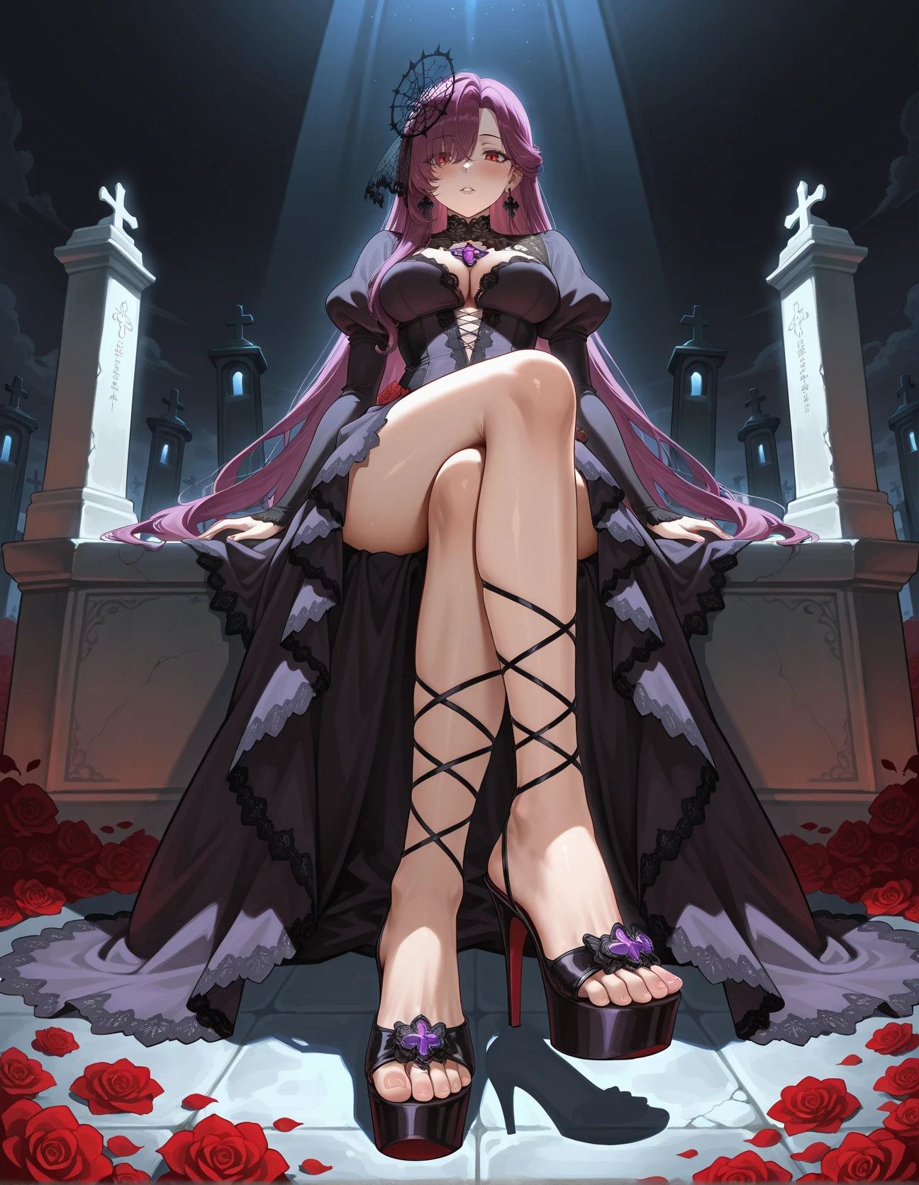 1girl, solo, foot focus, legs, hud_bttrflyh33l, high heels, strappy heels, platform footwear, ((Dark)), Occult's Opus, Forbidden ((black and deep purple ombré satin ballgown)), Veiled (shadow and night), Summoner's (bodice) with (bone lace) embroidery, Full (gossamer skirt) with (graveyard fog) motifs, Alchemist's (bishop sleeves) with (ancient rune) cuffs, Cascade of (petrified roses), Amulet of (necromancy), Hair veiled by a (dark magic) fascinator ,<lora:hud_bttrflyh33l_illust:0.6>,  absurdres, masterpiece, best quality, amazing quality . octane render, highly detailed, volumetric, dramatic lighting