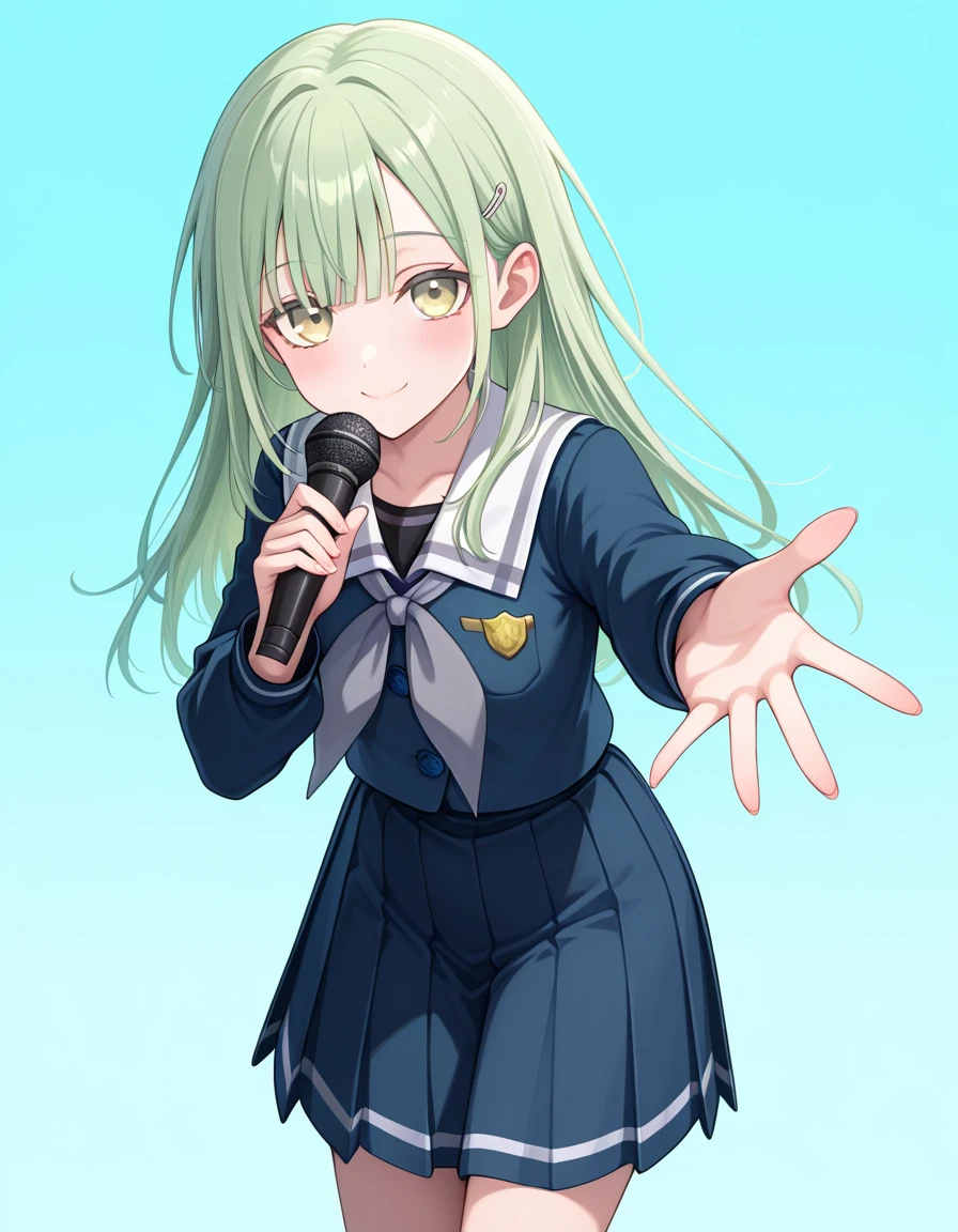 <lora:AveMujica_noobXL:1>, 1girl, solo, cowboy shot, looking at viewer, smile, wakaba mutsumi, hairclip, hair ornament, tsukinomori school uniform, grey neckerchief, white sailor collar, pleated skirt, simple background, aqua background, gradient background, reaching towards viewer, holding microphone, standing,, very awa, masterpiece, best quality, amazing quality, highres, absurdres, newest