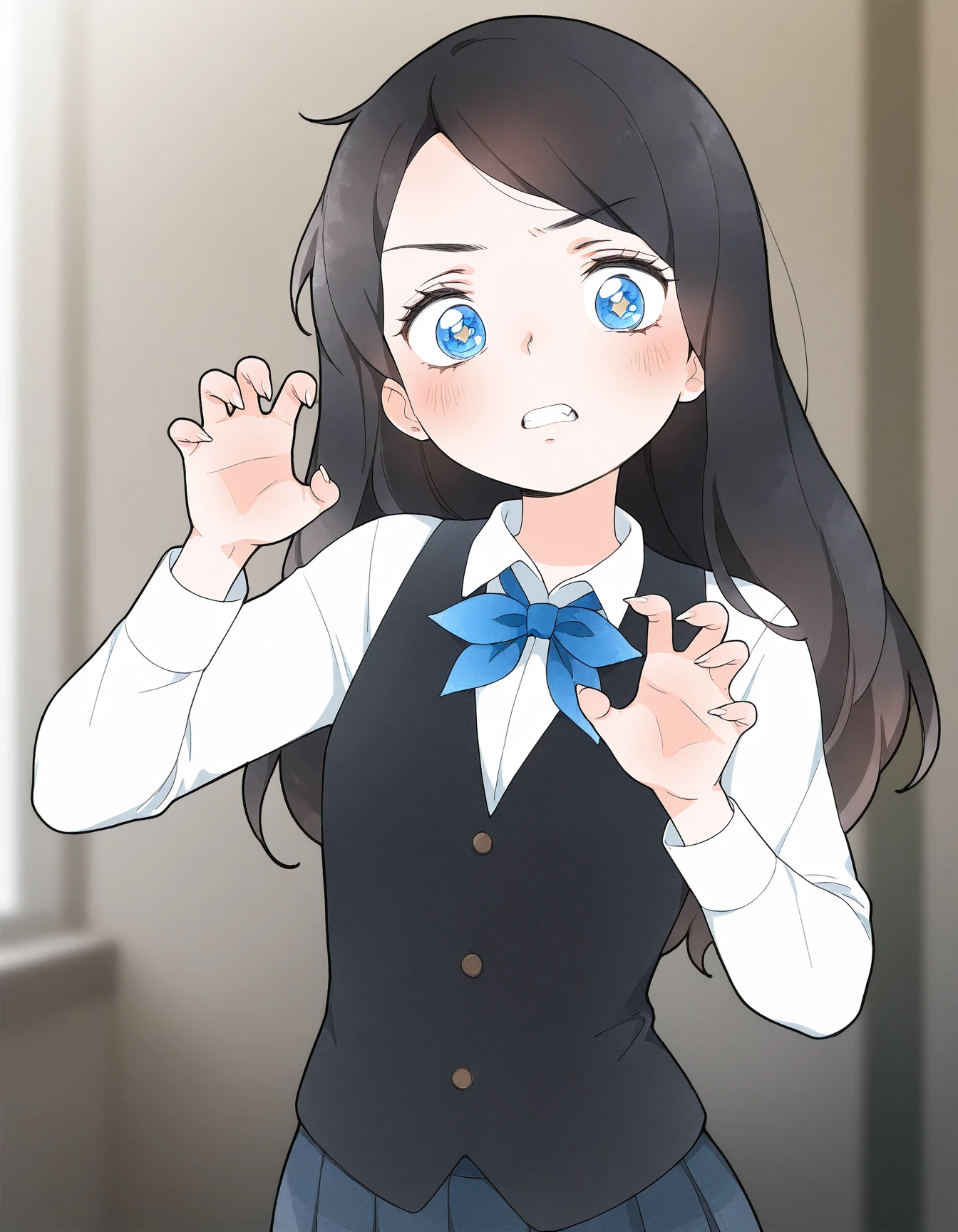 masterpiece, best quality, amazing quality, very aesthetic, high resolution, solo
Polina_Morozova, school uniform, black long hair, blue eyes, white shirt, black vest, general, cowboy shot, standing, long fingernails,claw pose, masterpiece, best quality, newest
<lora:Polina_Morozova_illustriousXL:0.9>