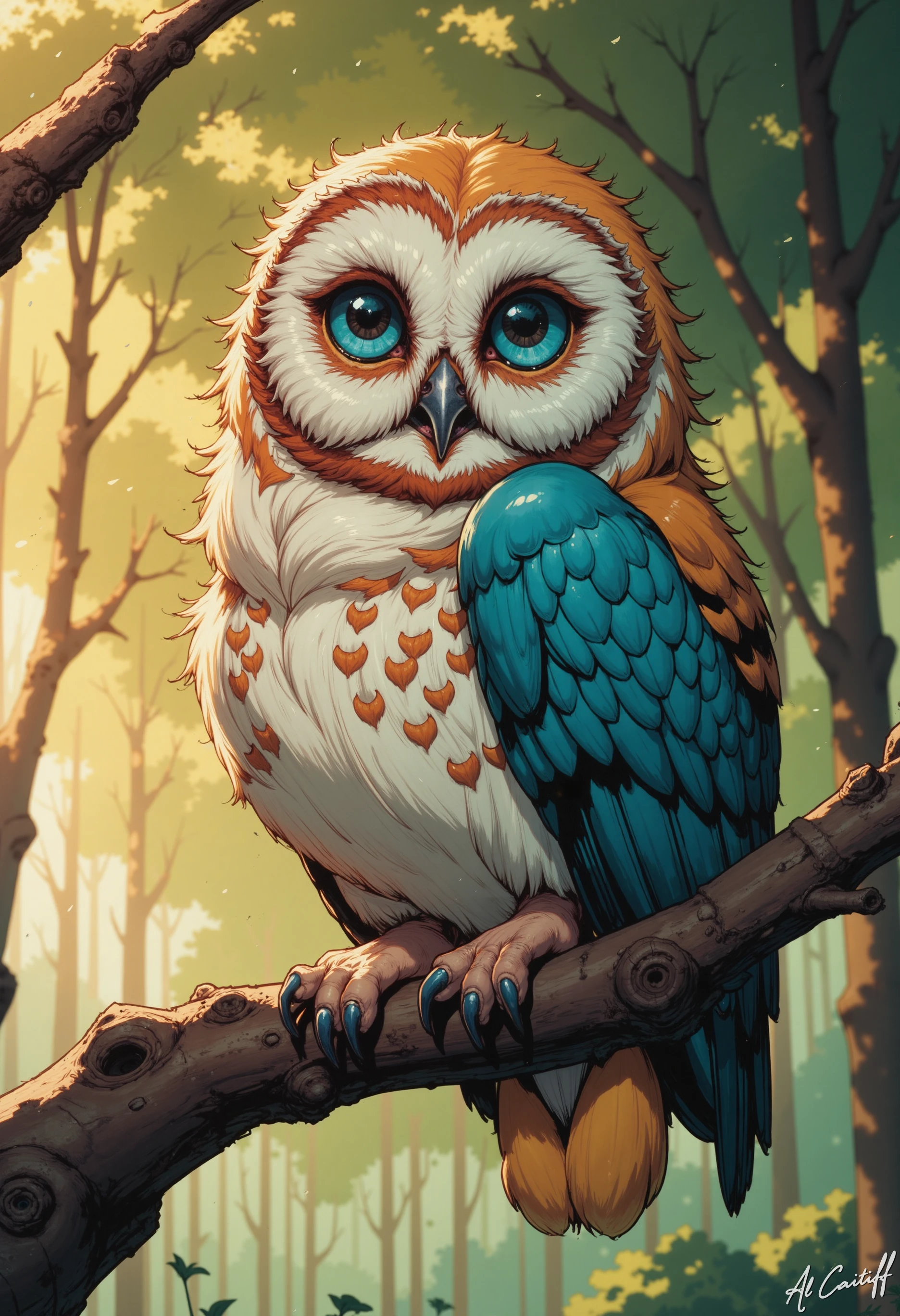 MysticComic, This exquisite image captures the mesmerizing gaze of a majestic Burrowing Owl (Athene cunicularia) perched on a gnarled branch. The camera's perspective is from directly below, showcasing the owl's striking features in stunning detail. Soft, warm light illuminates the scene, casting a gentle glow on the owl's feathers. The owl's head is a masterpiece of texture and color. Its snow-white face is adorned with a distinctive black spot pattern, while its throat and chest display a vibrant orange-brown hue, gradating into a soft, creamy white on its belly. The wings, folded against its body, feature a striking blue sheen, with intricate orange and black markings that resemble a delicate, hand-painted design. The owl's eyes, a piercing shade of blue, seem to hold a deep wisdom, as if gazing into the soul of the viewer. Its beak, a sharp, black hook, curves upwards in a gentle, enigmatic smile. The owl's claws, long and curved, grasp the branch with a delicate, almost human-like precision. The branch itself, a twisted, brown twig, serves as a sturdy perch for the owl's majestic form. The background, a soft blur of green and brown, recedes into the distance, allowing the owl to take center stage in this captivating image. The photographer's skillful use of light and composition creates a sense of intimacy and connection with the subject, drawing the viewer into the owl's tranquil<lora:CustomFlux/MysticComic-v3.safetensors:1.0:1.0>