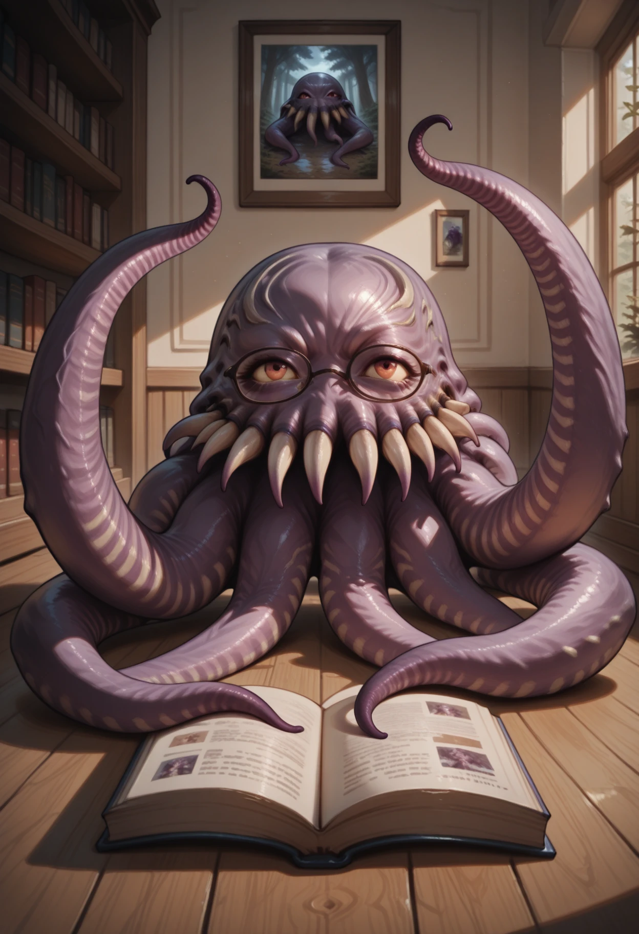 kftenhance, masterpiece, best quality, amazing quality, realistic, ultros, monster, solo, wearing glasses, no humans, reading book, library