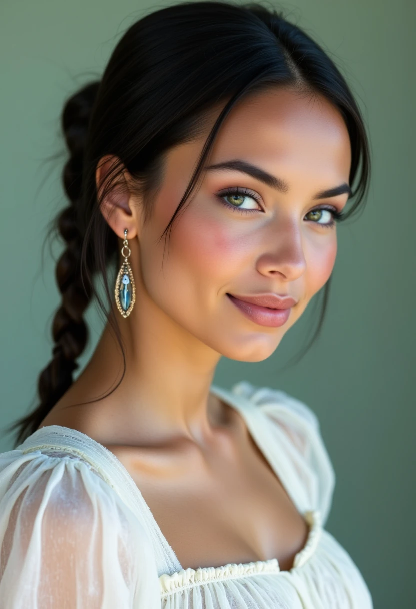 She is approximately 18 years old. Hyperrealism, she is looking at the camera, (dynamic angles), profile headshots of a beautiful, stunning unique female character. she has braid dark hair. her eyes are filled with joy and excitement, extravagant eyelashes. a photo of Maid3n, she is wearing a white frilly shirt. The woman is posing confidently. simple sage green colored background. She has a slight smile on her face and is looking directly at the camera. making this image a masterpiece of photography and digital art. realistic. making this image a masterpiece of photography and digital art. Style: realistic hyper-detailed rendering, 32k UHD, expressive eyes, punk, graphic design, girl's face, pretty and cute, gleaming lips, telling a tale of adventure. Exuding confidence and serenity. The overall mood of the image is happy and relaxed,detailed skin texture,(blush:0.2),(goosebumps:0.3),subsurface scattering,whimsical,Detailed hand, Perfect hand. Perfection style.