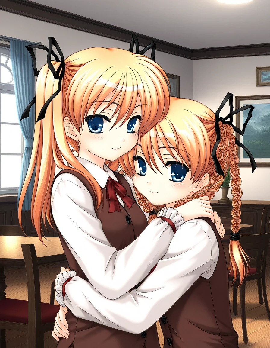 general,highres, ultra-detailed,very aesthetic,best quality ,best hands,  BREAK <lora:Itsukiï¼Imi_IS:1>ãItsukiï¼Imi,  multiple girls, 2girls, blonde hair, twins, siblings, blue eyes, twintails, braid, ribbon, BREAK,
sisters, twin braids, hair ribbon, long hair, chair, brown vest, hug, upper body, shirt, smile,