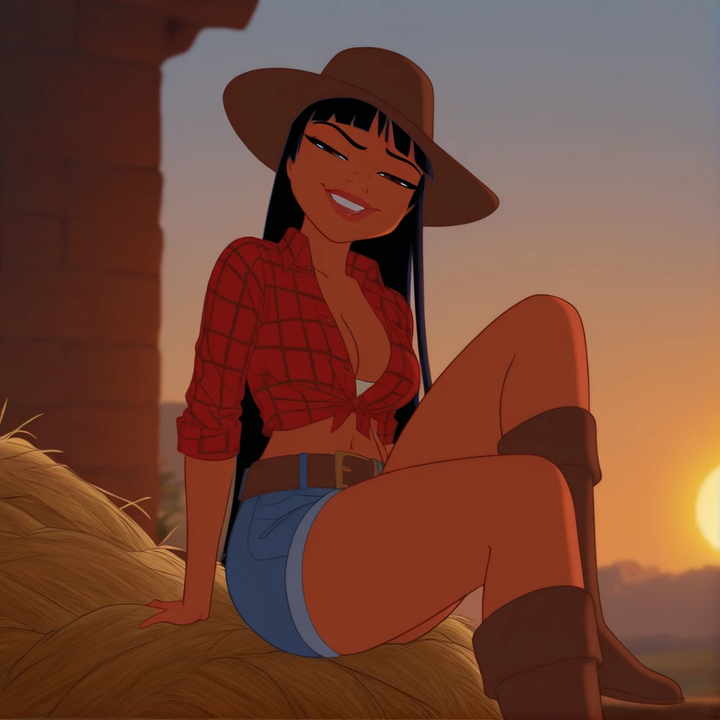 <lora:Chel_Road_to_El_Dorado:1>, Chel, 1girl, solo, dark-skinned female, outdoors, wild west, tumbleweed, sun, sky, ((:1.3,)), ((smug)), brown eyes, black hair, blunt bangs, long hair, ((Hat, boots, cleavage, denim shorts, plaid shirt, belt with a large buckle)), cowgirl \(western\), (looking at viewer), 2D cartoon, Dreamworks animaton, (((masterpiece,best quality,newest,absurdres,highres))) 