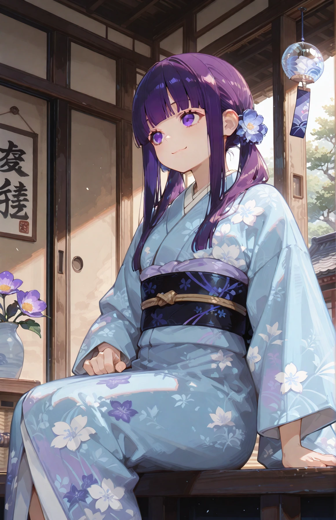 perfect quality,high quality,masterpiece,best quality,amazing quality,very aesthetic,absurdres,Cinematic Lighting,newest,Tactical use of shadow,
FERNCYQL,1girl,solo,purple hair,blunt bangs,straight hair,sidelocks,purple eyes,long hair,
kimono,sitting,japaneseclothes,sash,smile,obi,windchime,veryahoge,closedmouth,bluekimono,sandals,widesleeves,longsleeves,twintails,lowtwintails,flower,indoors,
<lora:USNR STYLE_XL_loha:0.45>,usnr,<lora:spo_sdxl_10ep_4k-data_lora_webui:0.5>,<lora:illustrious_all_rated_v1:0.6>,<lora:ponyv5_noobV065S_1_adamW:0.7>,<lora:748cmSDXL:0.8>,748cmstyle,<lora:DarkerThanBlackIllustrious:0.5>,<lora:CUTE2712_Illustrious by Cyql:1>,CUTE2712,<lora:FERN_Illustrious by Cyql:1>,