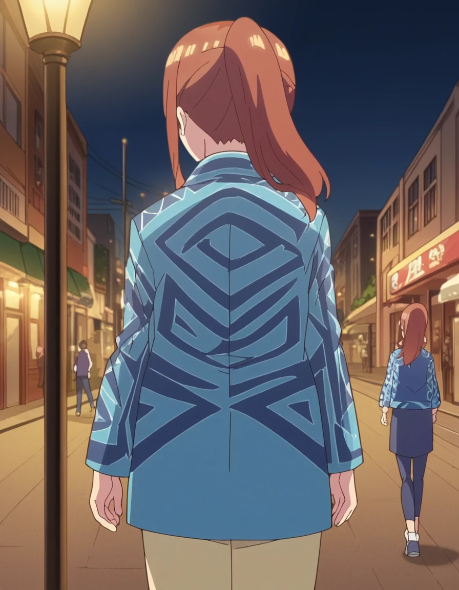 score_9, score_8_up, score_7_up, source_anime, <lora:miku-nakano-honeymoon-ponyxl-lora-nochekaiser:1>, miku nakano, long hair, bangs, brown hair, blue eyes, ponytail, large breasts, anime screencap, shirt, jacket, open clothes, blue shirt, blue jacket, print jacket, city street, evening, streetlights, walking dog, quiet neighborhood, gentle breeze, , from behind, looking at viewer, looking back, looking at viewer, solo,, cowboy shot