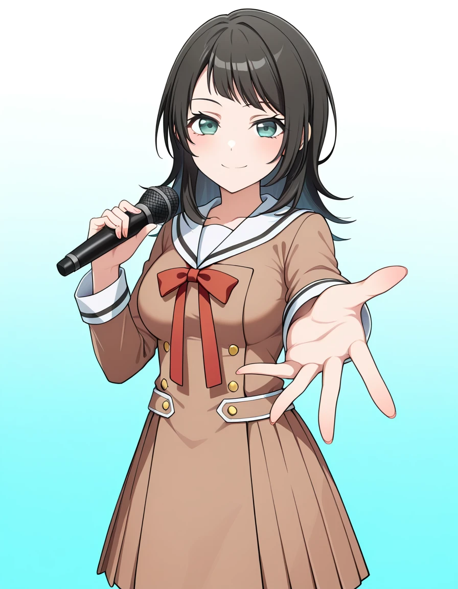 <lora:AveMujica_noobXL:1>, 1girl, solo, cowboy shot, looking at viewer, smile, yahata umiri, hanasakigawa school uniform, brown dress, neck ribbon, red ribbon, simple background, aqua background, gradient background, reaching towards viewer, holding microphone, standing, medium breasts,, very awa, masterpiece, best quality, amazing quality, highres, absurdres, newest